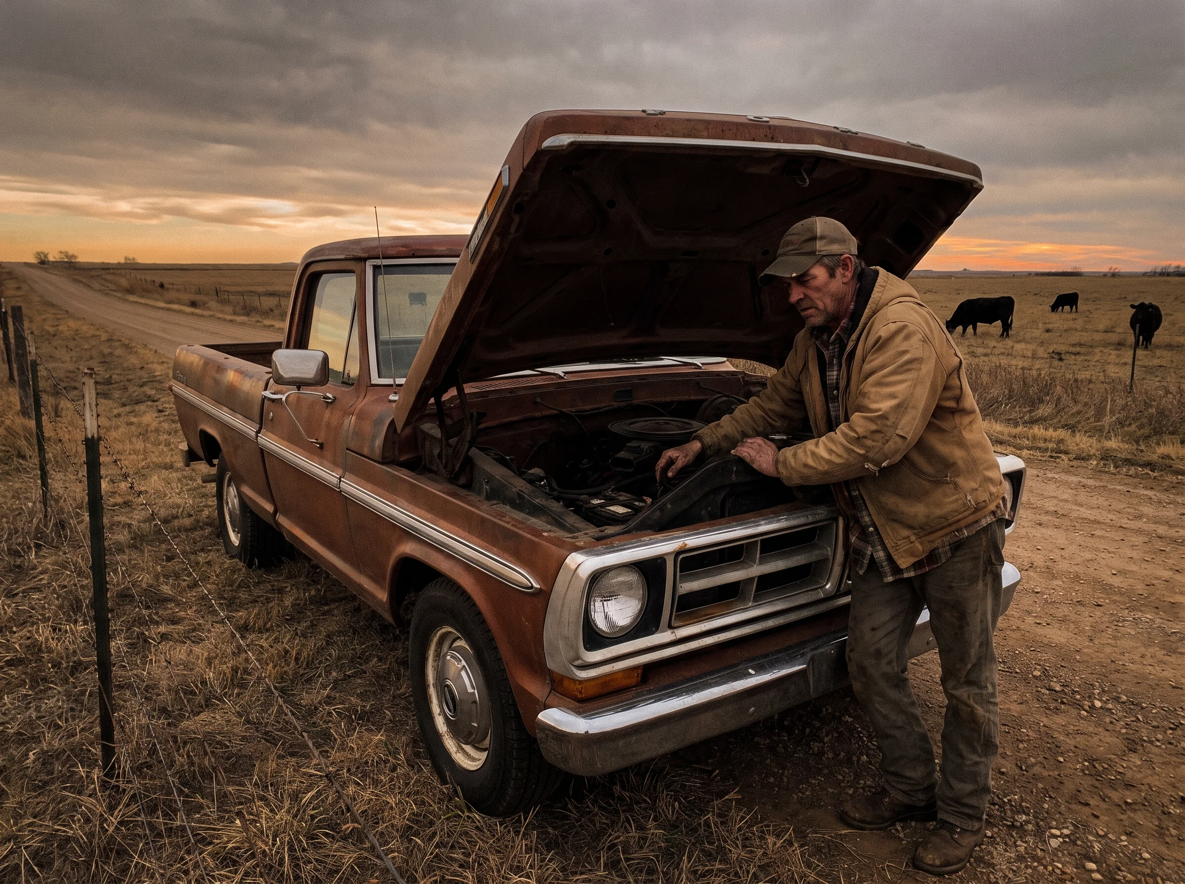 A weathered pickup truck parked at the shoulder of a rural road at dusk with the hood up, a man in work clothes standing next