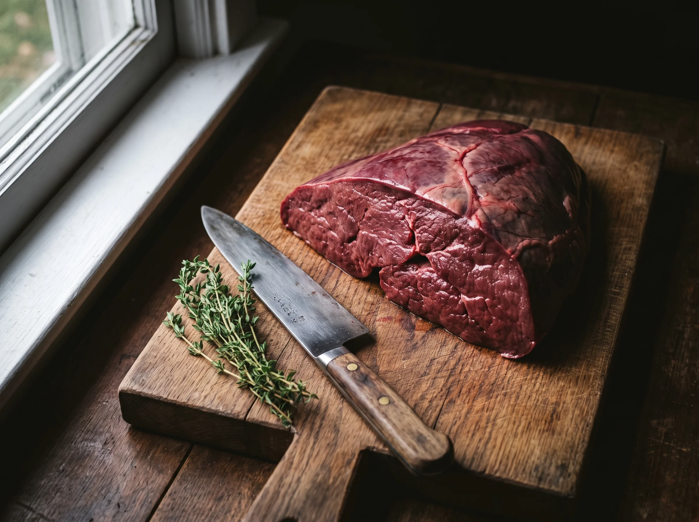 A raw grass-fed beef liver on a wooden cutting board next to a chef's knife and a sprig of thyme, natural window light, dark 