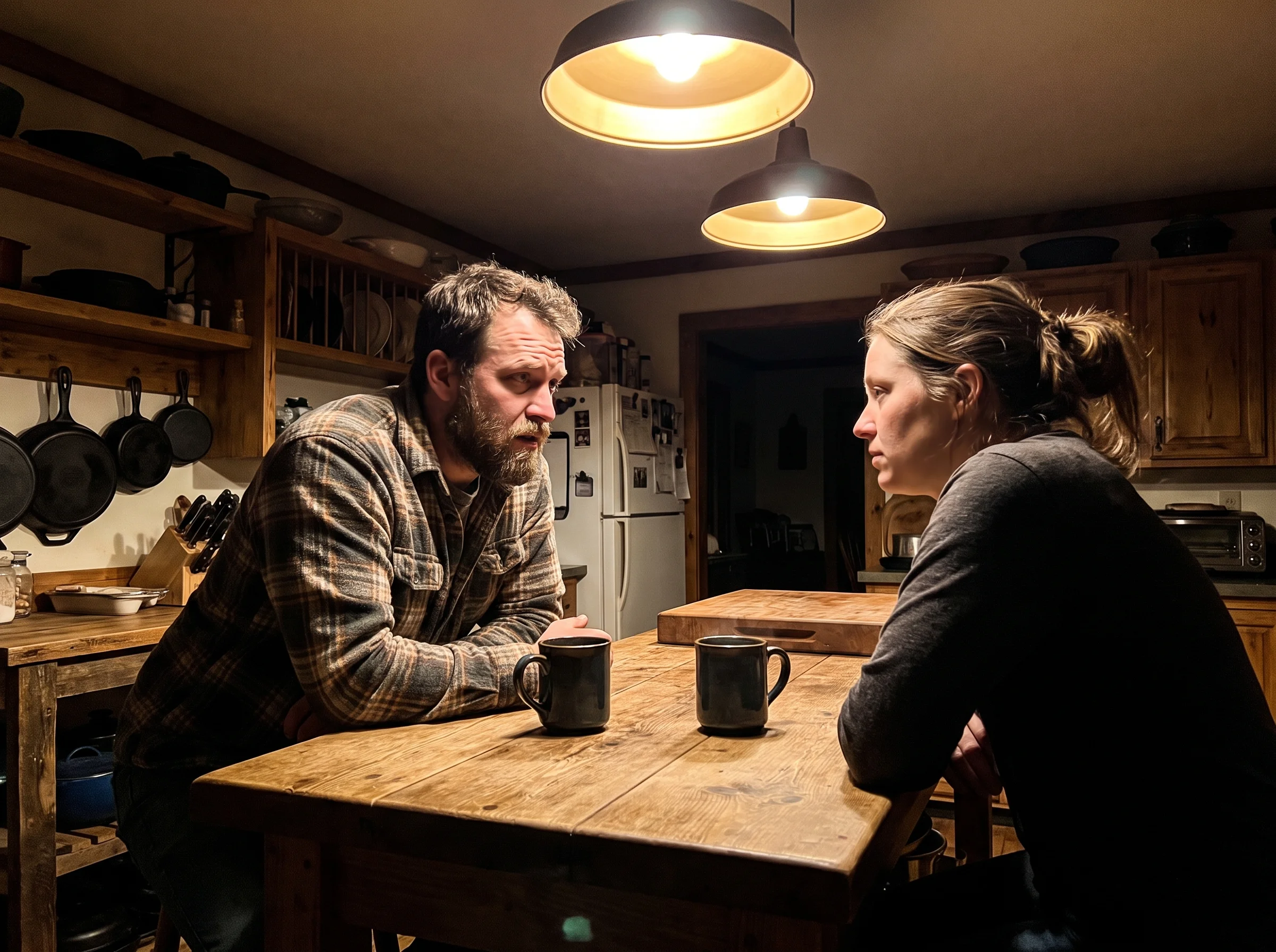A husband and wife in their early 50s sitting across from each other at a wooden kitchen table late at night with two coffee 