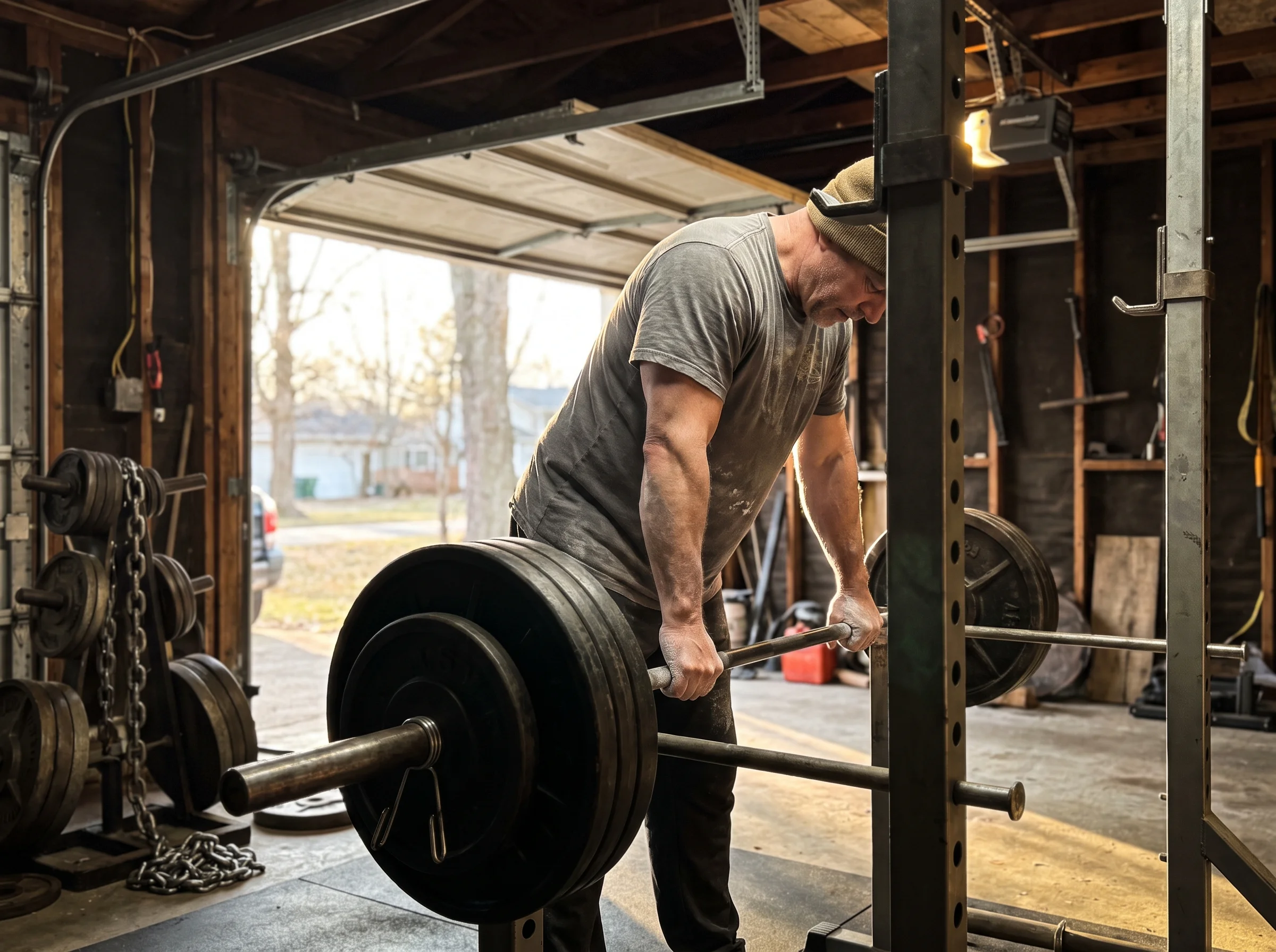 A 50 year old man setting up under a loaded barbell in a gritty home garage gym, chalk on his hands, morning light through th