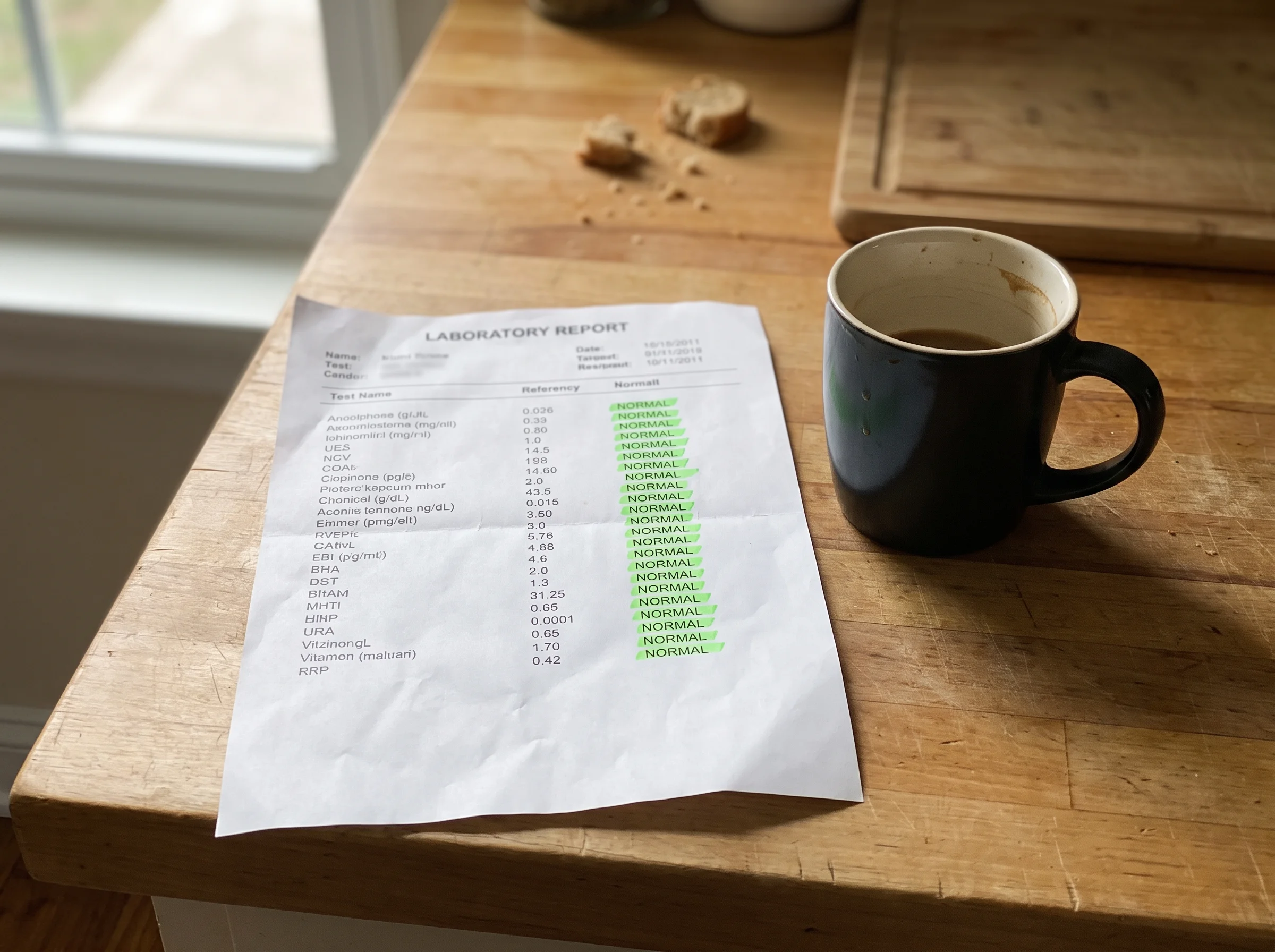A close-up of a standard lab results printout on a kitchen counter next to a half-empty coffee mug, morning light, all values