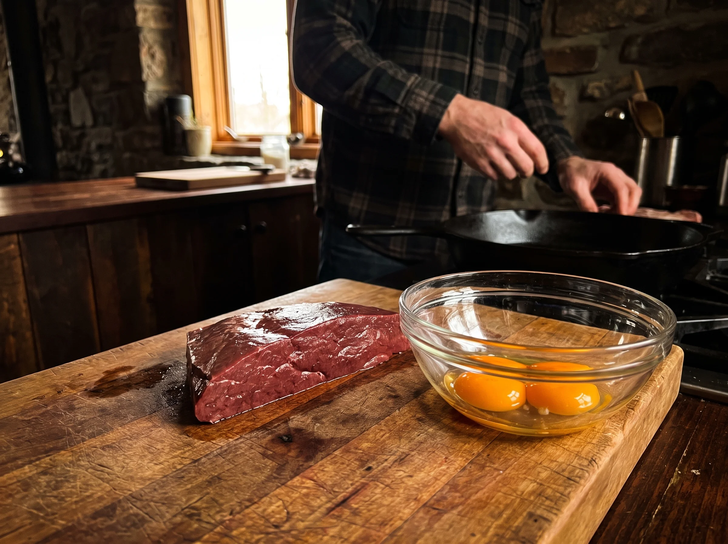 Raw beef liver on a wooden butcher block next to two fresh egg yolks in a glass bowl, moody kitchen lighting, earthy tones.