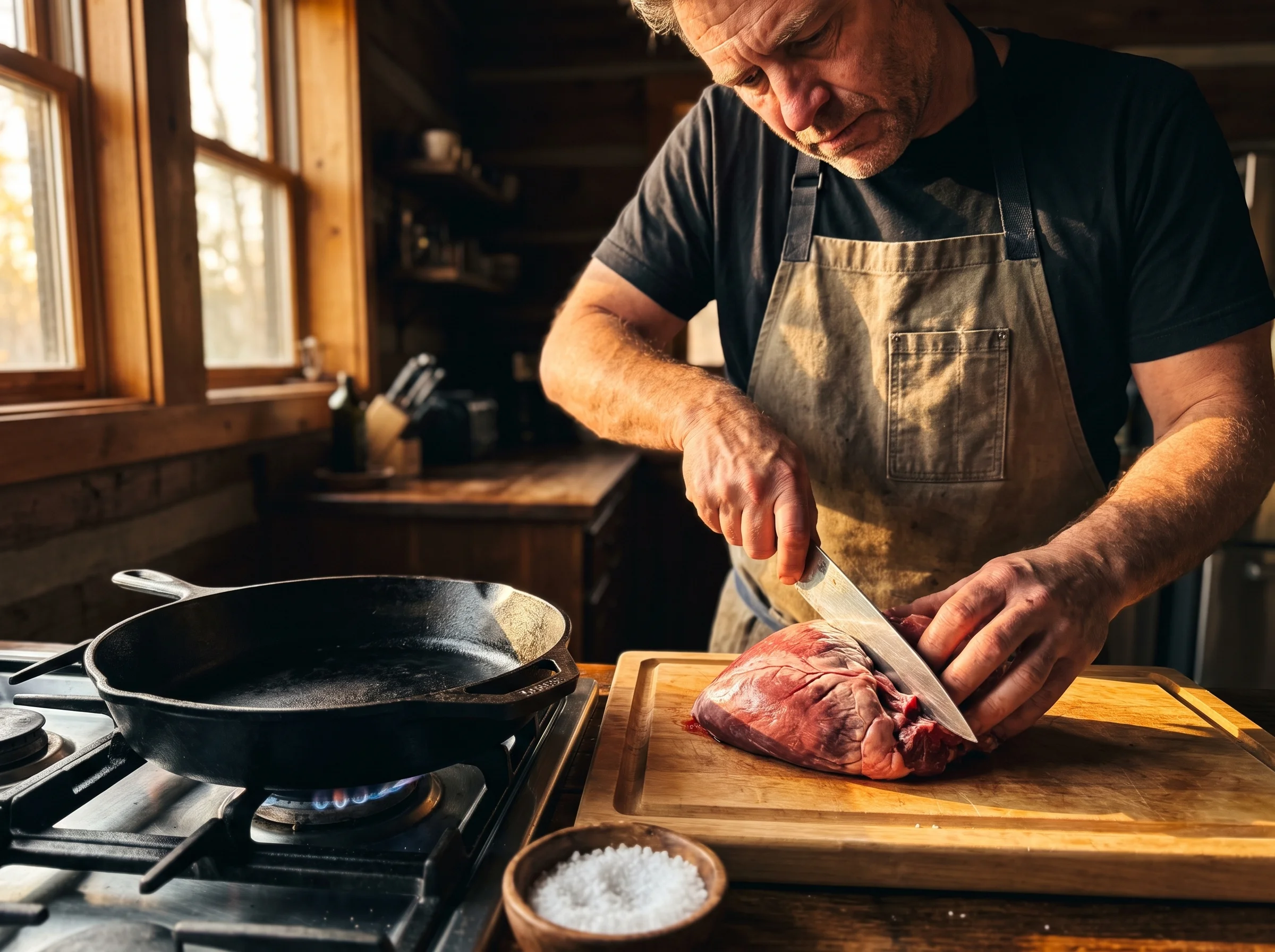 A cast iron skillet on a stove with a raw beef heart being trimmed on a nearby cutting board, warm afternoon kitchen light, a