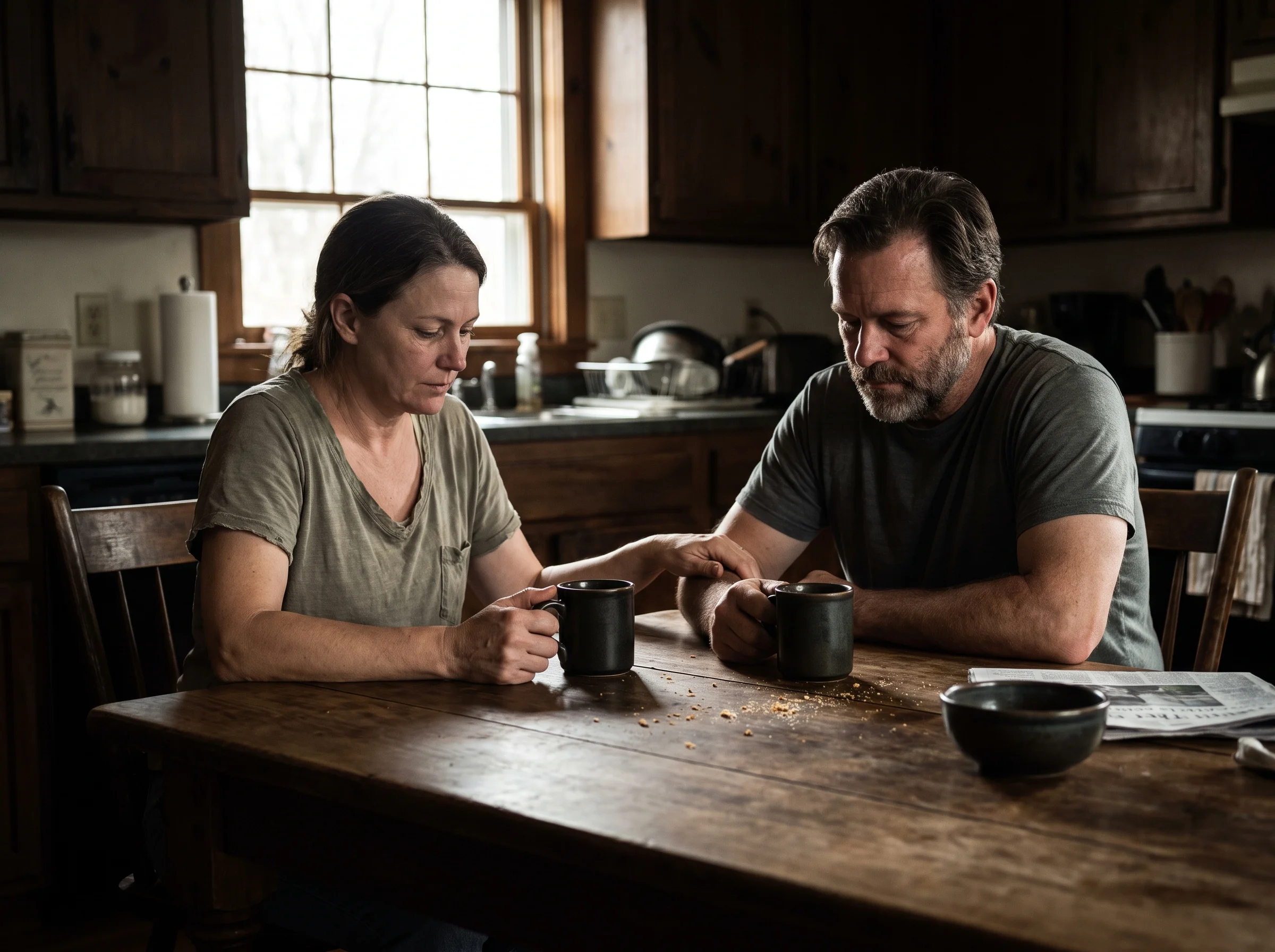 A middle-aged couple sitting at a wooden kitchen table in soft morning light, coffee mugs between them, her hand near his, bo