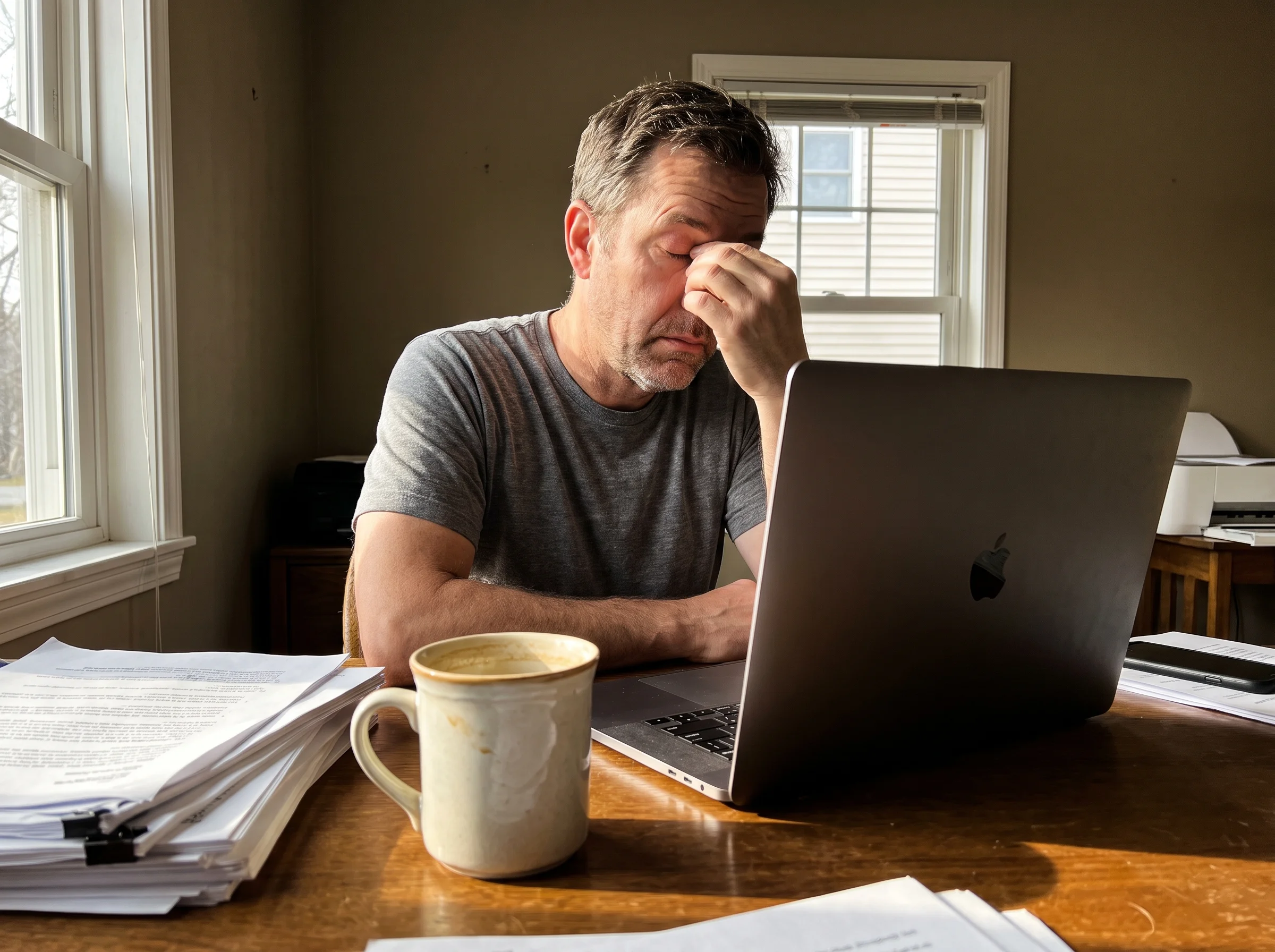 Close-up of a tired man in his early 50s at a home office desk at 3pm, staring at a laptop screen, a half-full coffee mug bes
