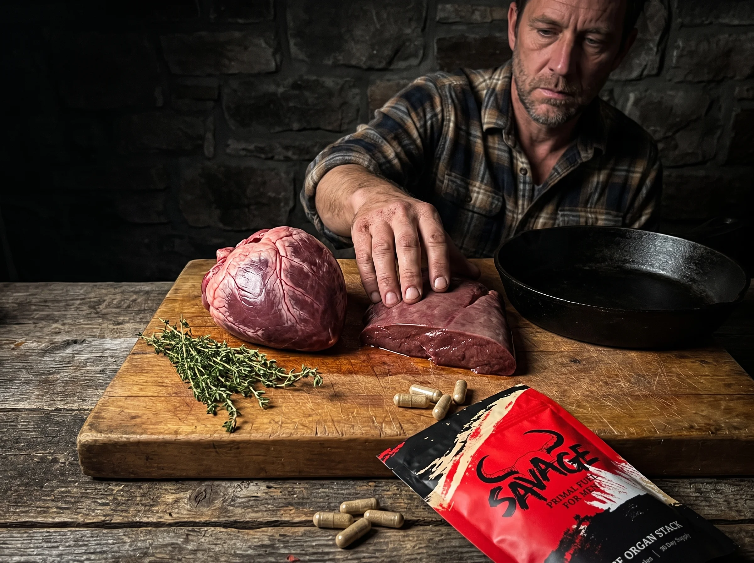 Raw beef heart and beef liver on a rustic wooden cutting board, side lit, dark moody background, a sprig of thyme and a cast 