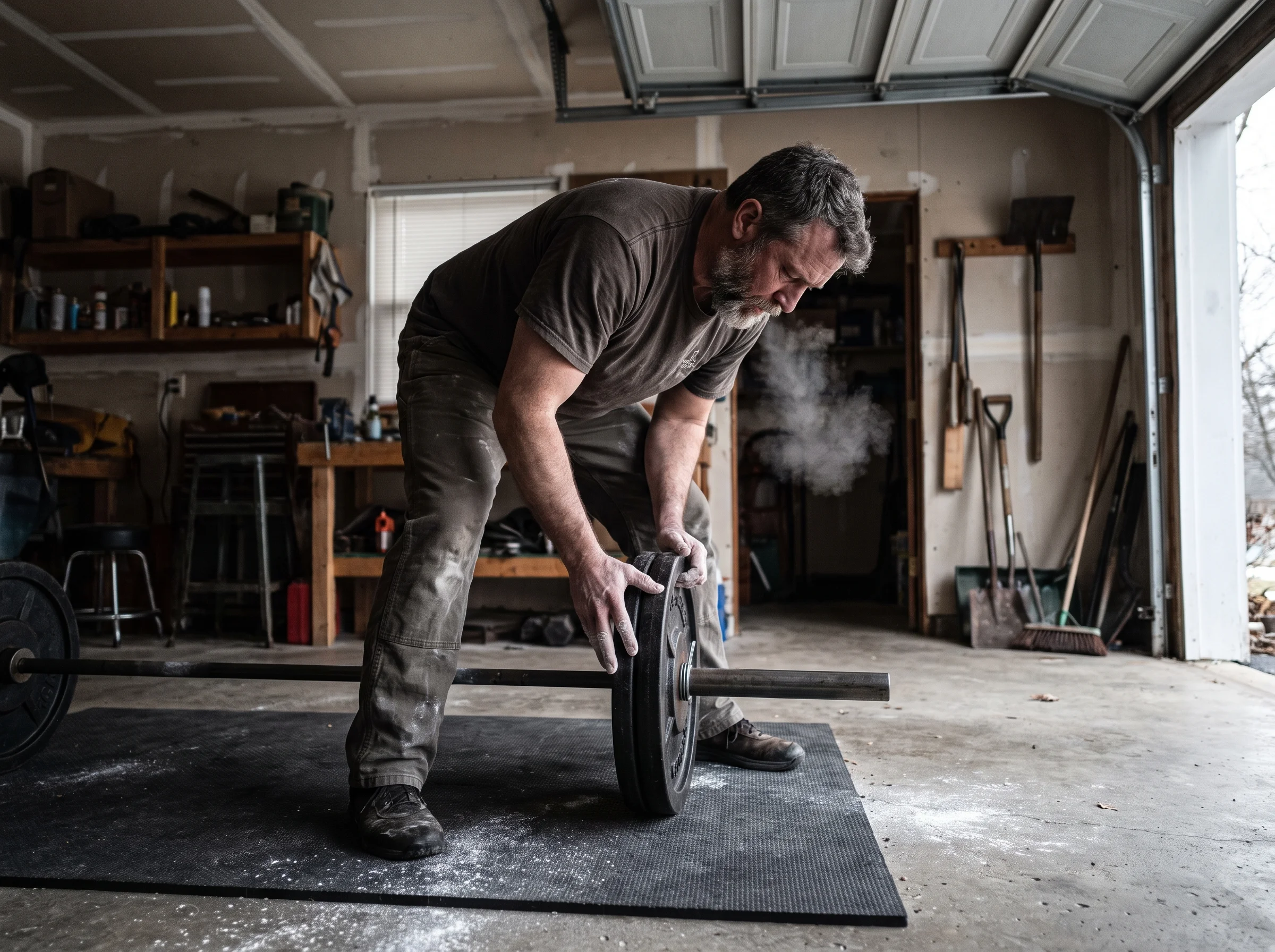 A 50-year-old man in a plain t-shirt loading a barbell in a garage gym at dawn, chalk on the floor, breath visible in the col