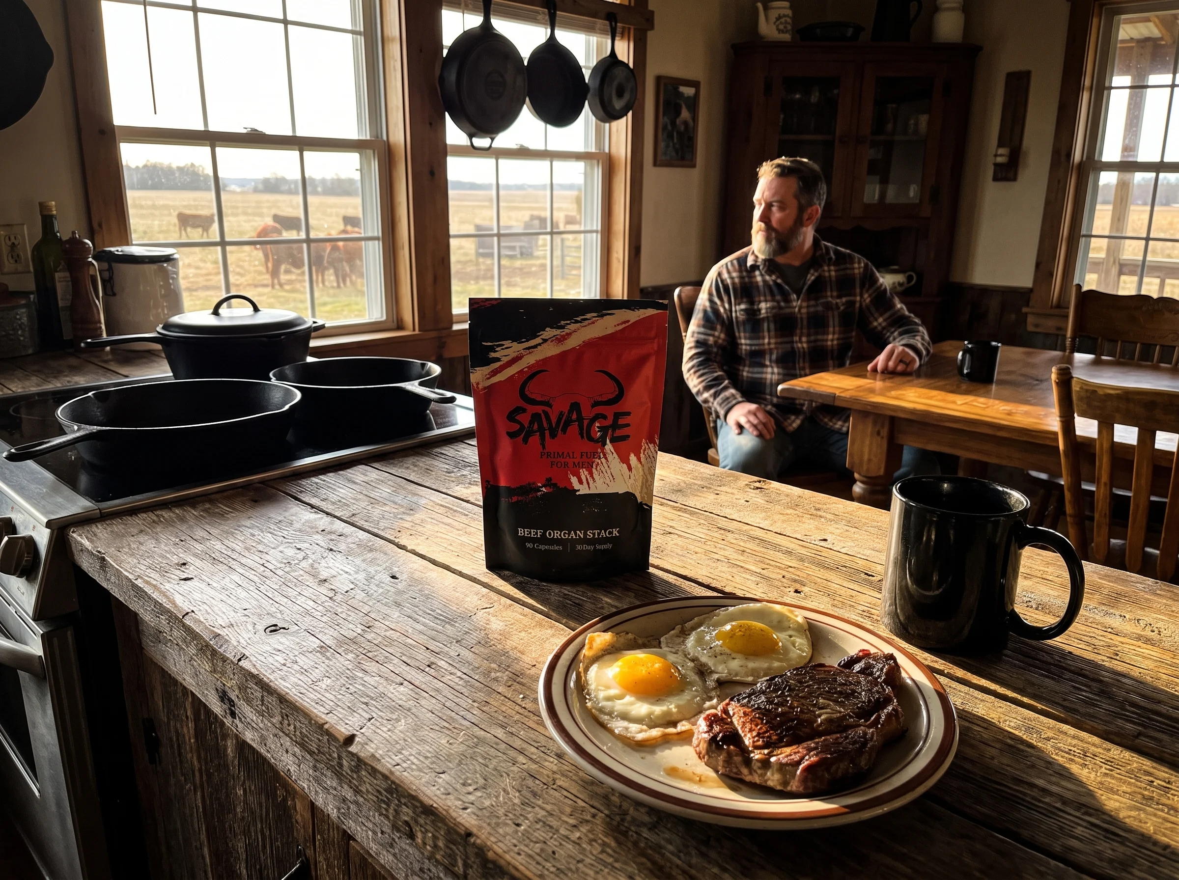 A red and black Savage Beef Organ Stack pouch with a bull-horn logo standing on a weathered wooden kitchen counter next to a 