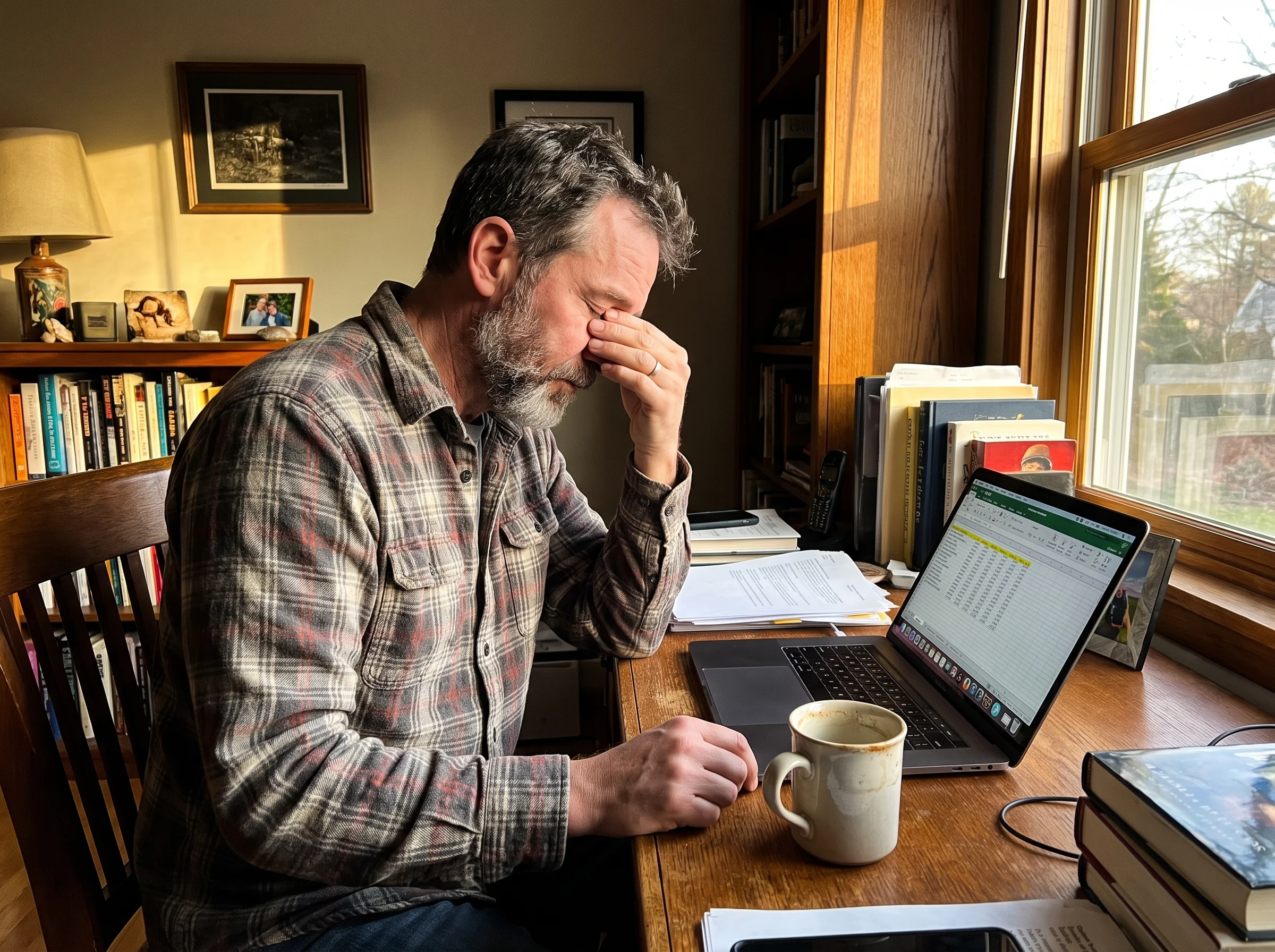 A tired 50-year-old man slumped at a home office desk in mid-afternoon light, half-drunk coffee mug next to a laptop, hand ru