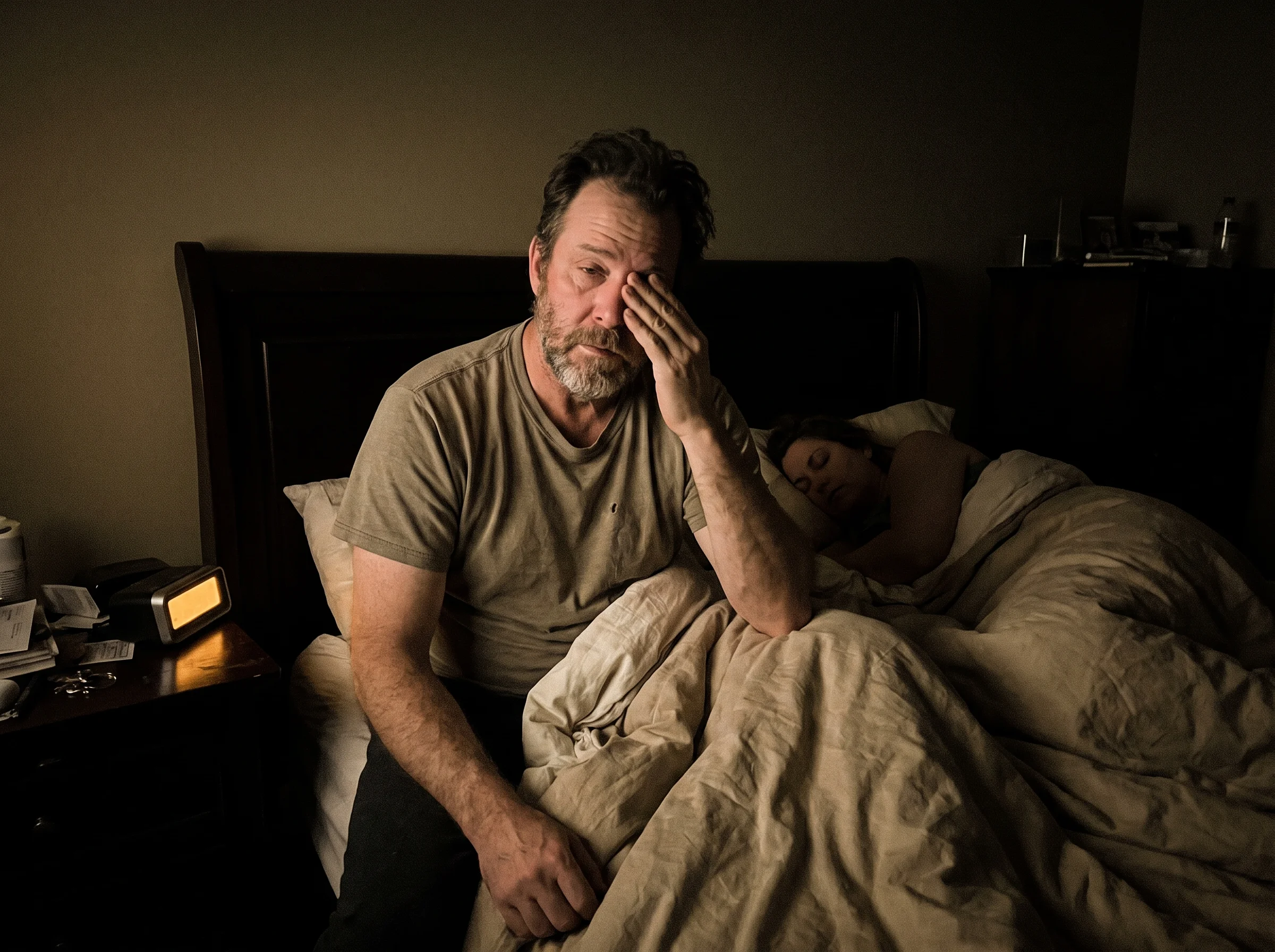 A man in his late 40s awake at 2am in a dark bedroom, sitting up in bed, faint light from a nightstand clock, wife asleep bes