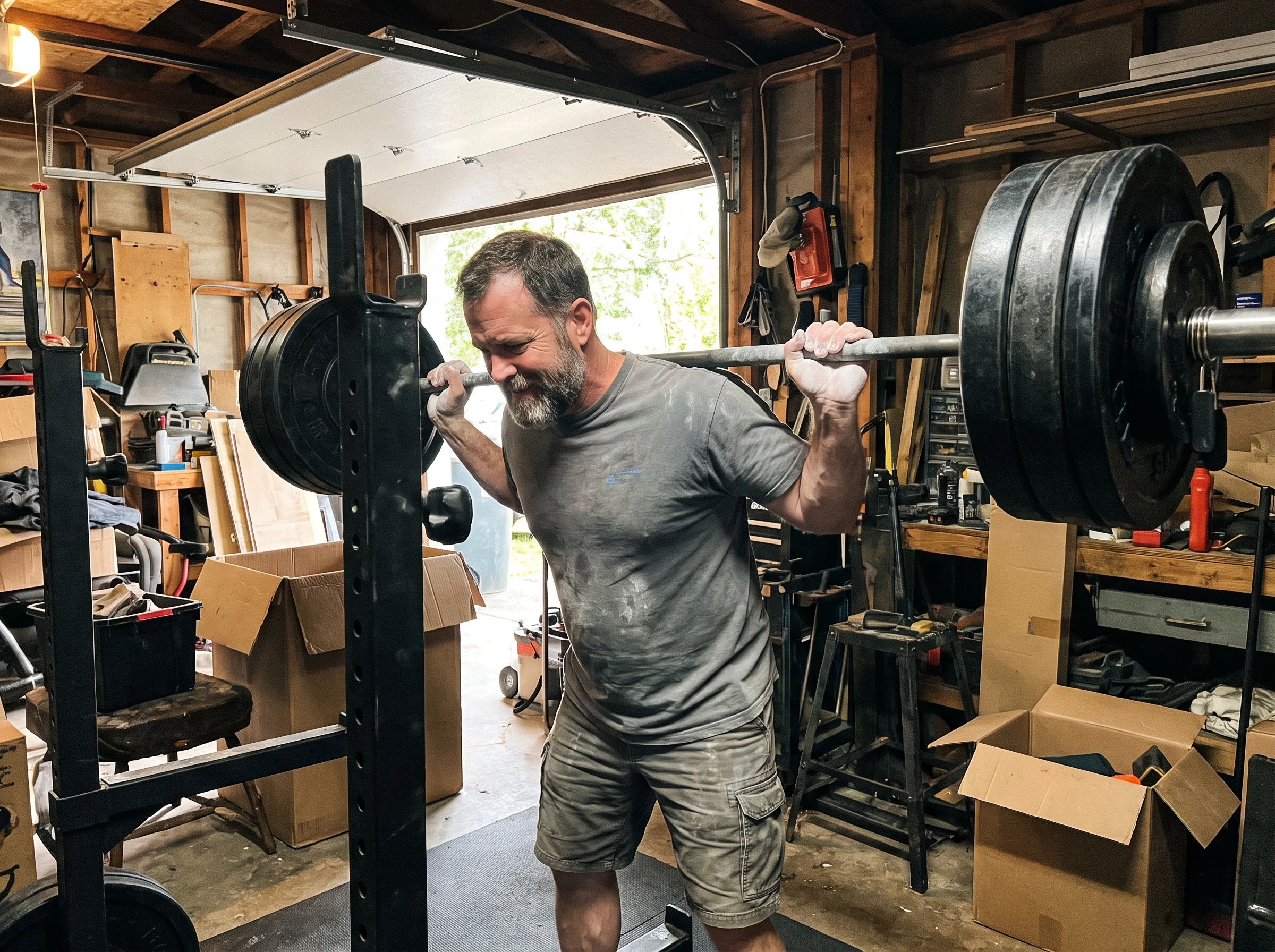 A 50-year-old man in a plain t-shirt setting up under a loaded barbell in a home garage gym, chalk on hands, natural light th