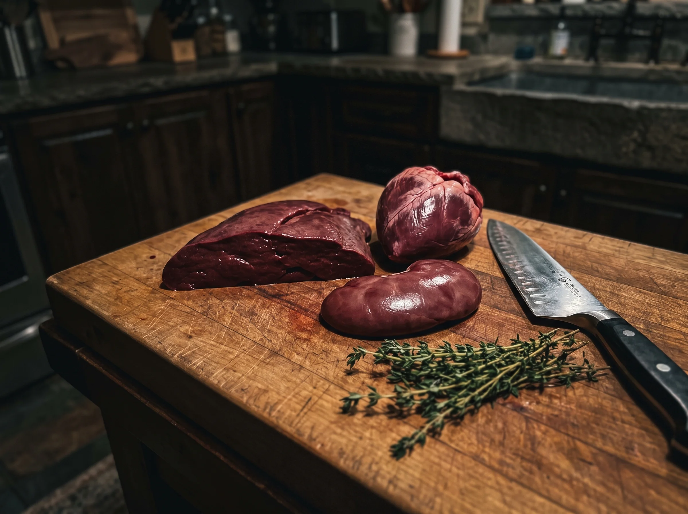 Raw grass-fed beef liver, heart, and kidney arranged on a butcher block with a chef's knife and sprigs of thyme, moody kitche