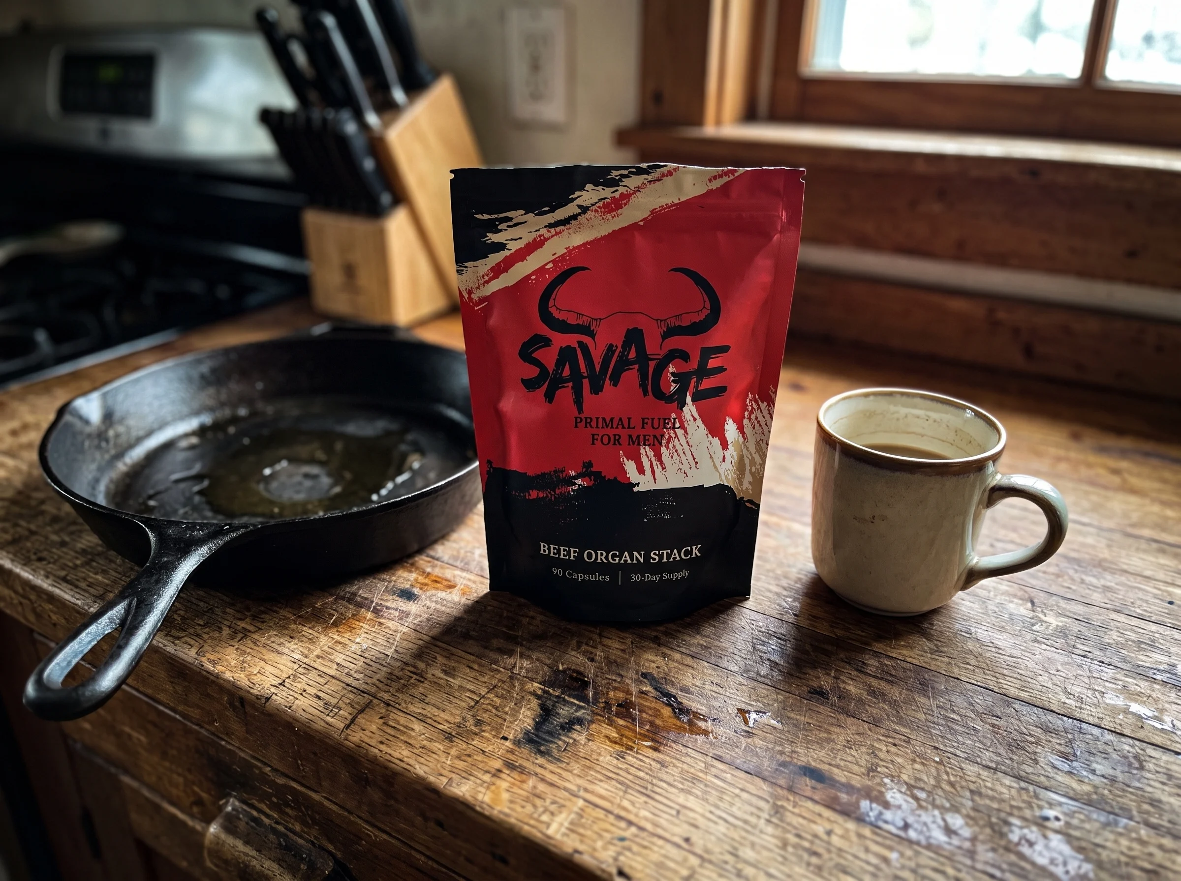 The Savage Beef Organ Stack pouch, a red and black stand-up pouch with a bull-horn logo and the words BEEF ORGAN STACK, sitti