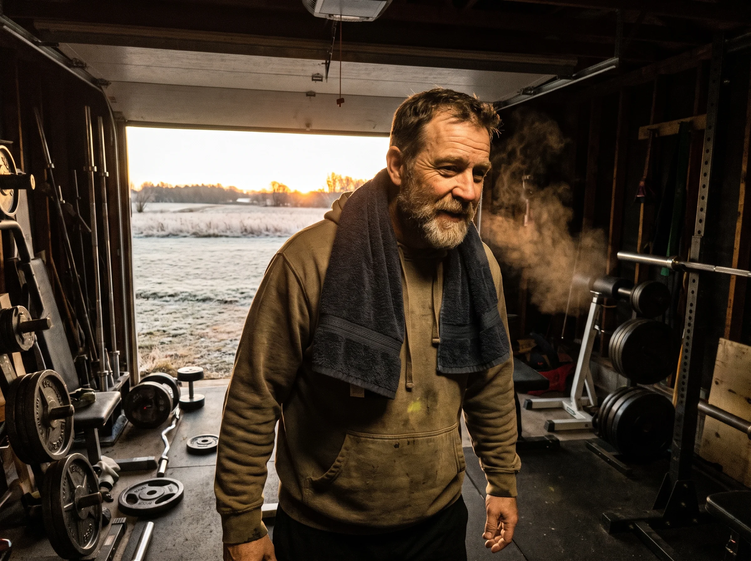 A 50-year-old man walking out of his garage gym at sunrise with a towel around his neck, breath visible in cold air, quietly 