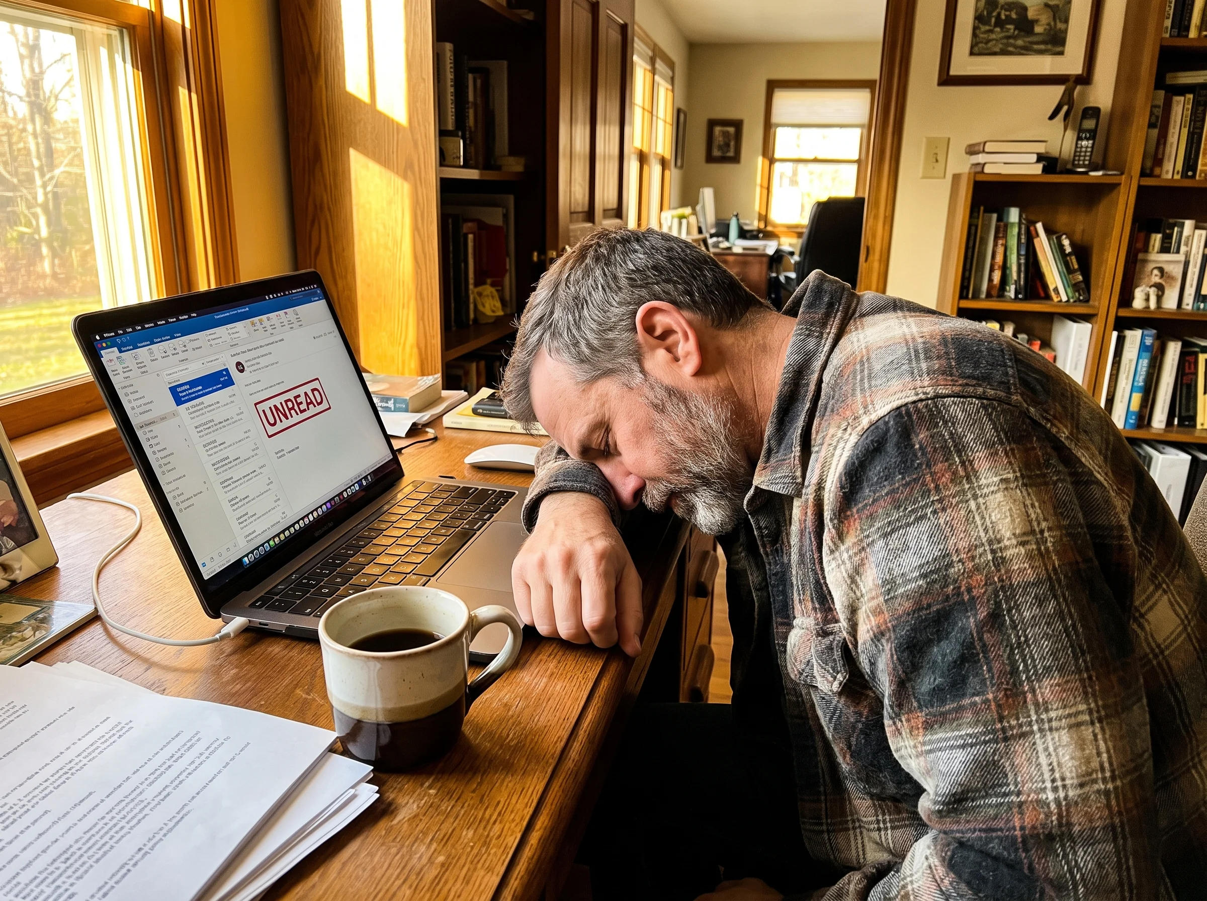 A man in his late 40s slumped at a home office desk in the mid-afternoon, forehead resting on his forearm, laptop open with a