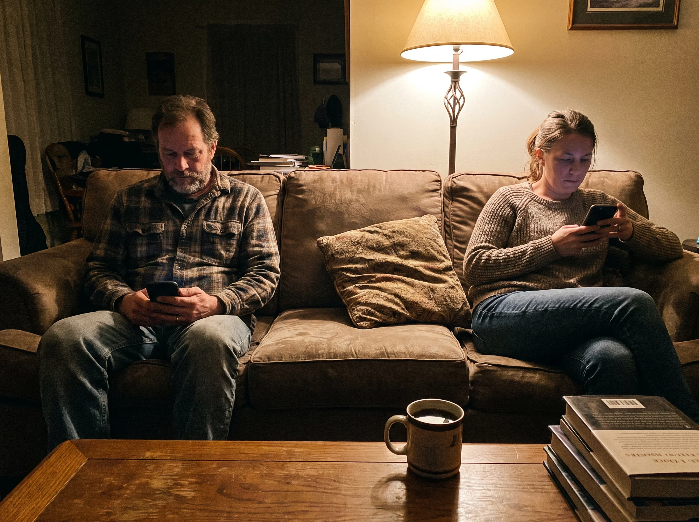 A middle-aged couple sitting on opposite ends of a worn couch in a lamplit living room, both looking at their phones, a foot 