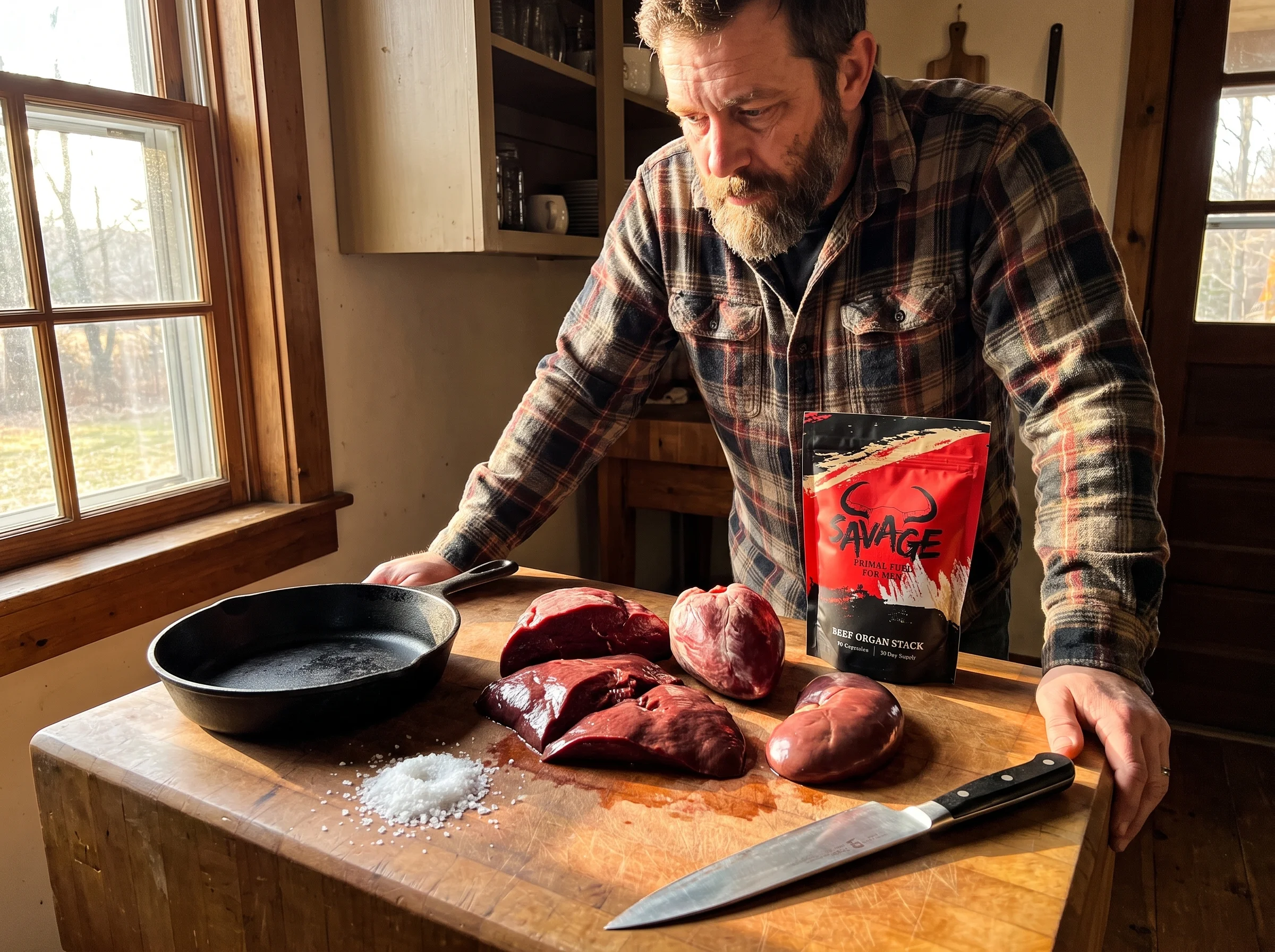 A rustic wooden butcher block on a farmhouse kitchen counter, arranged with raw beef liver, heart, and kidney next to a cast 