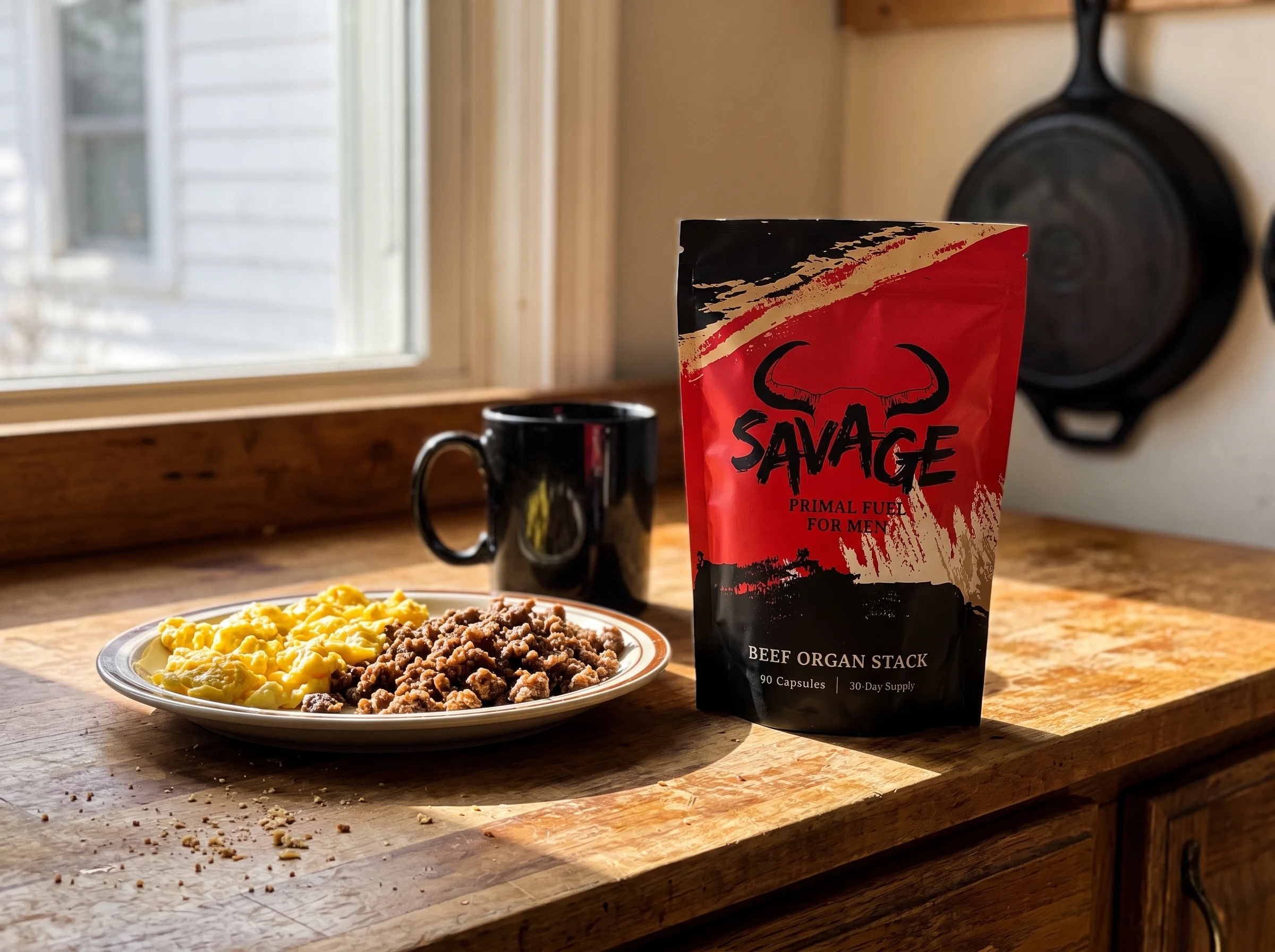 A red and black Savage Beef Organ Stack pouch with a bull-horn logo sitting on a kitchen counter next to a black coffee mug, 