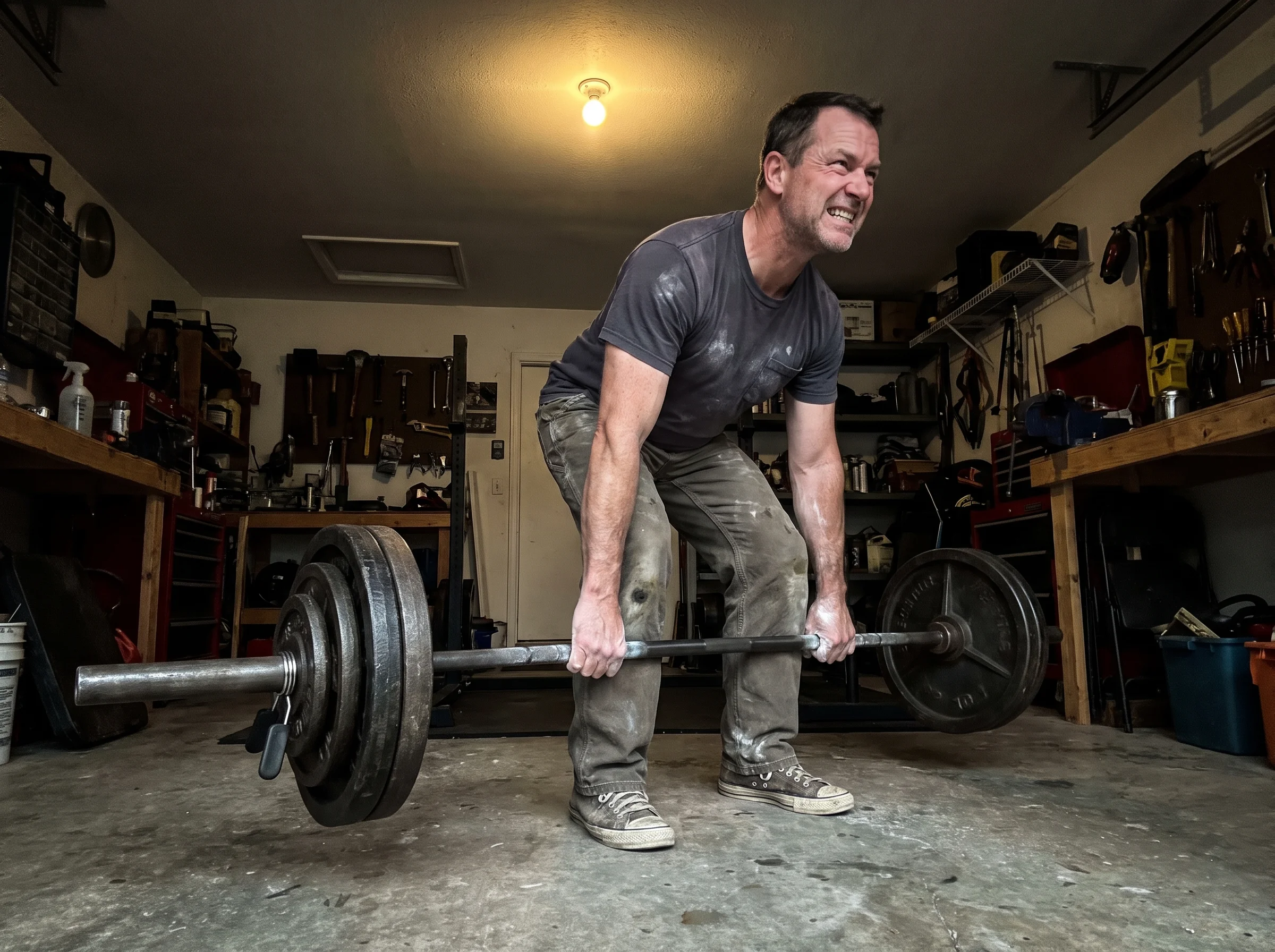 A man in his early 50s in a home garage gym, mid-set on a barbell deadlift, chalk on hands, plates loaded, wearing a faded t-