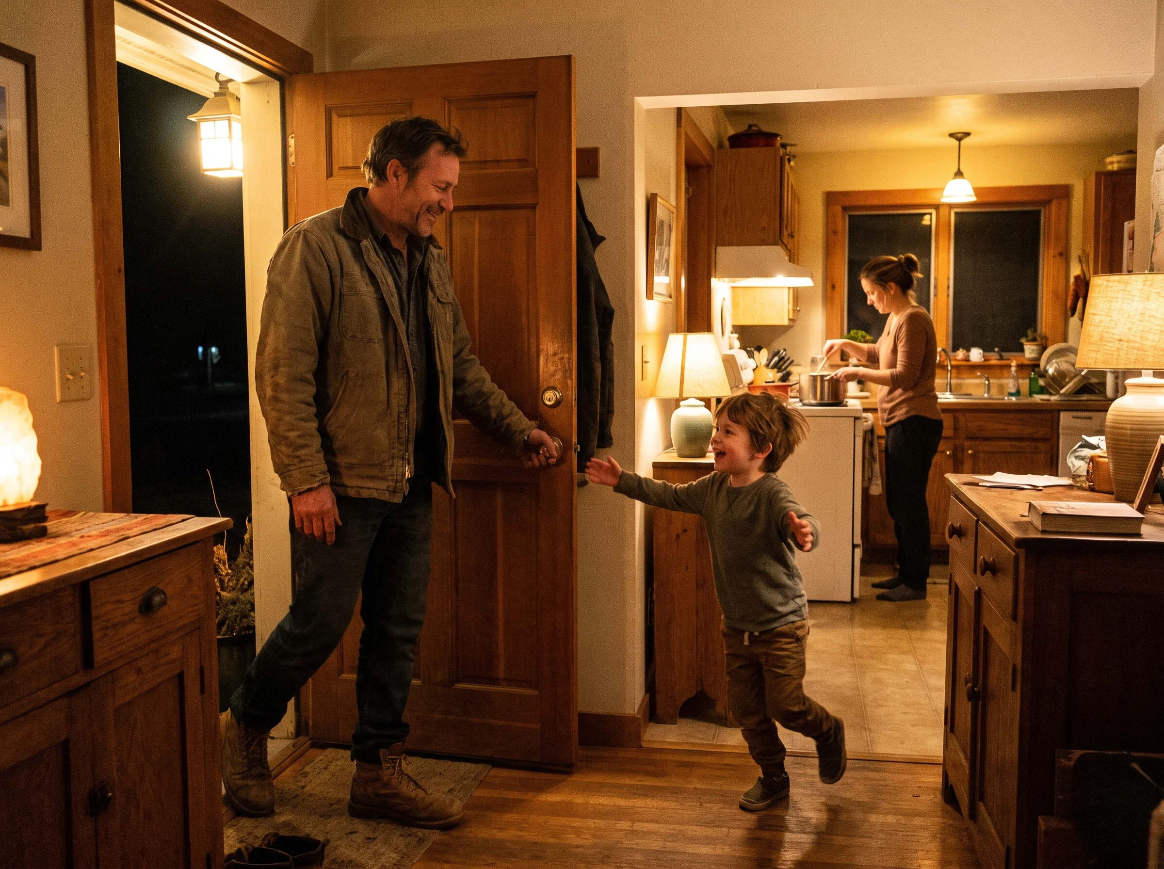 A man in his early 50s walking through his front door in the evening, backlit by the porch light, greeting his young son who 