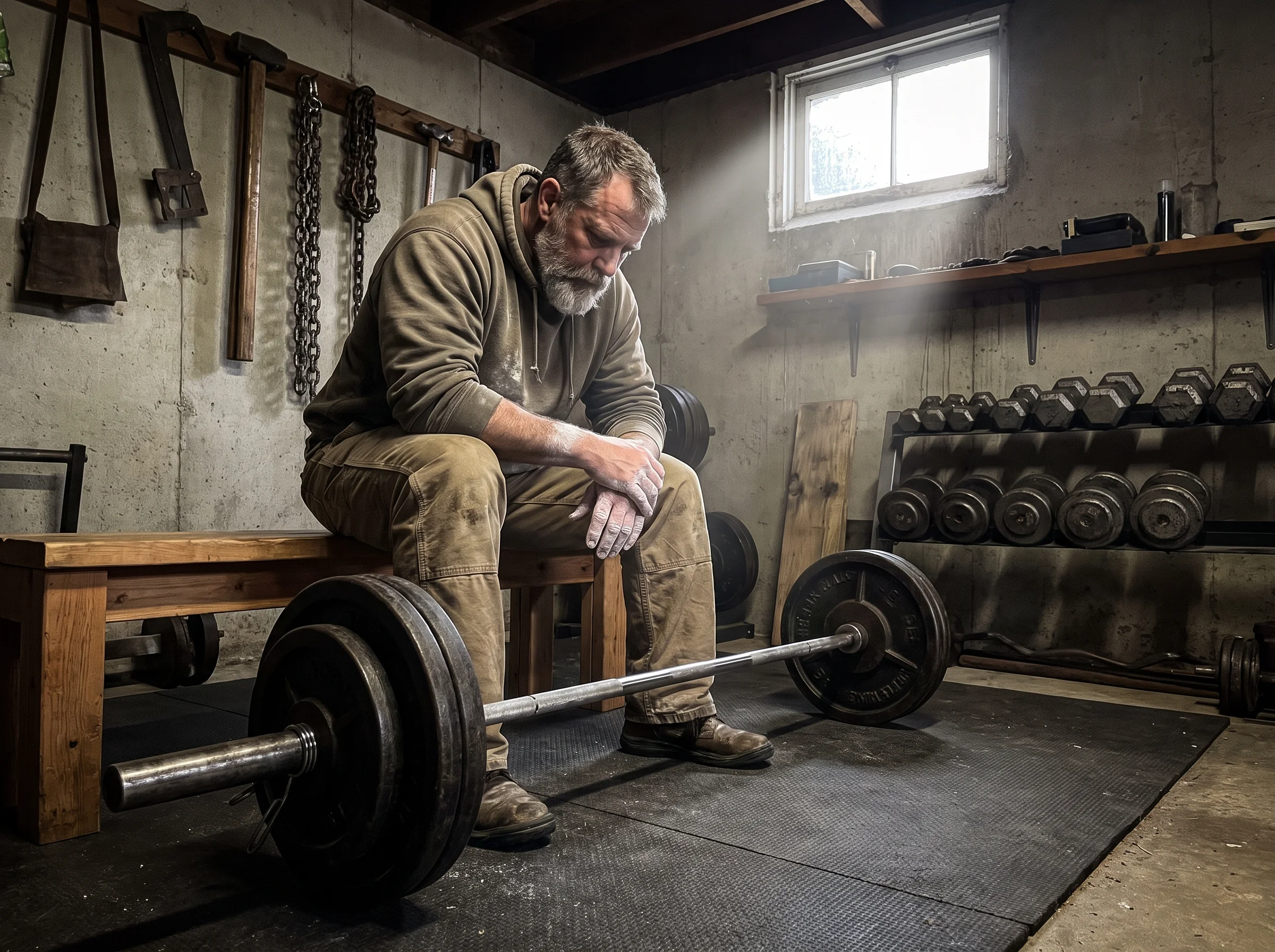 A weathered man in his early 50s in a home garage gym, sitting on a bench between sets, forearms on his knees, staring at a l