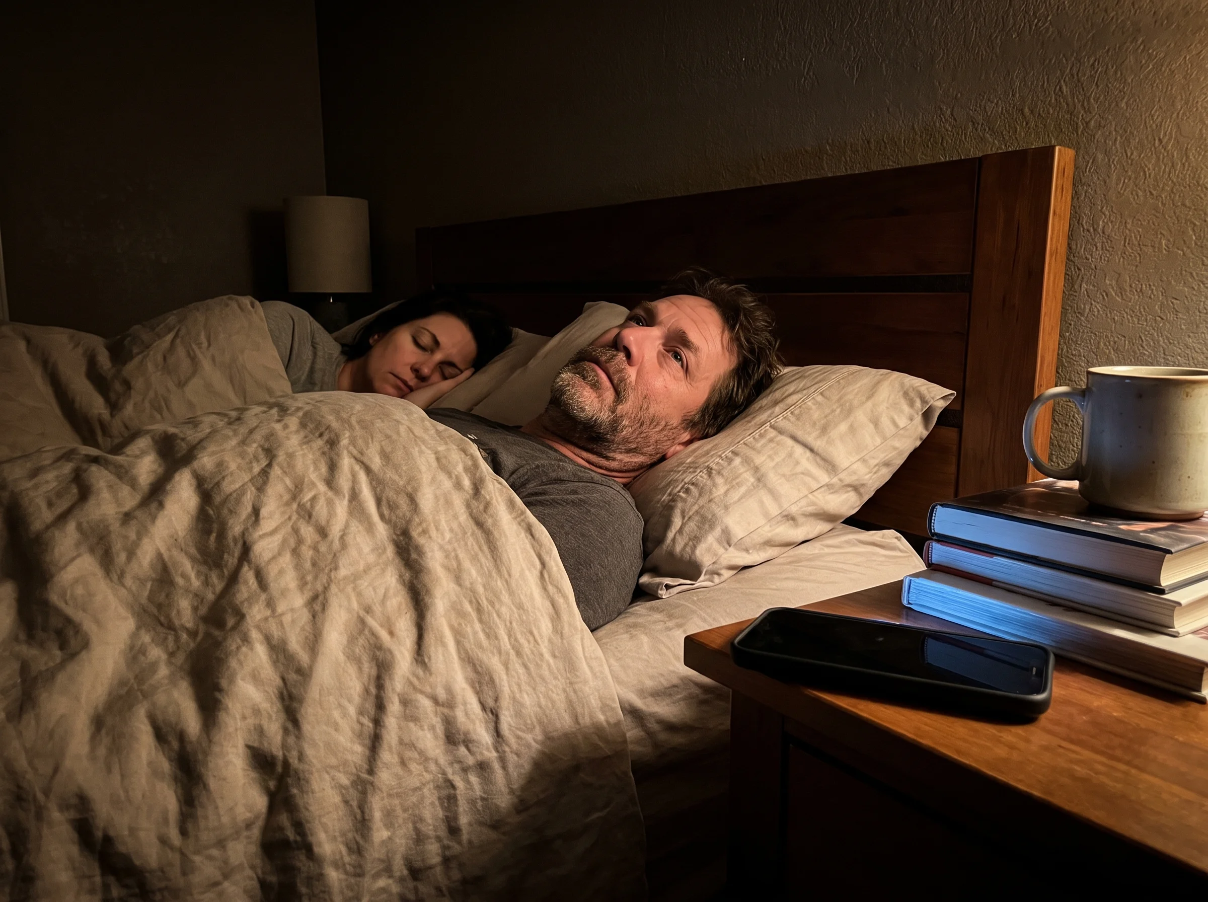 A man in his early 50s awake at 2am, lying on his back staring at a dark bedroom ceiling. His wife sleeps beside him. The blu