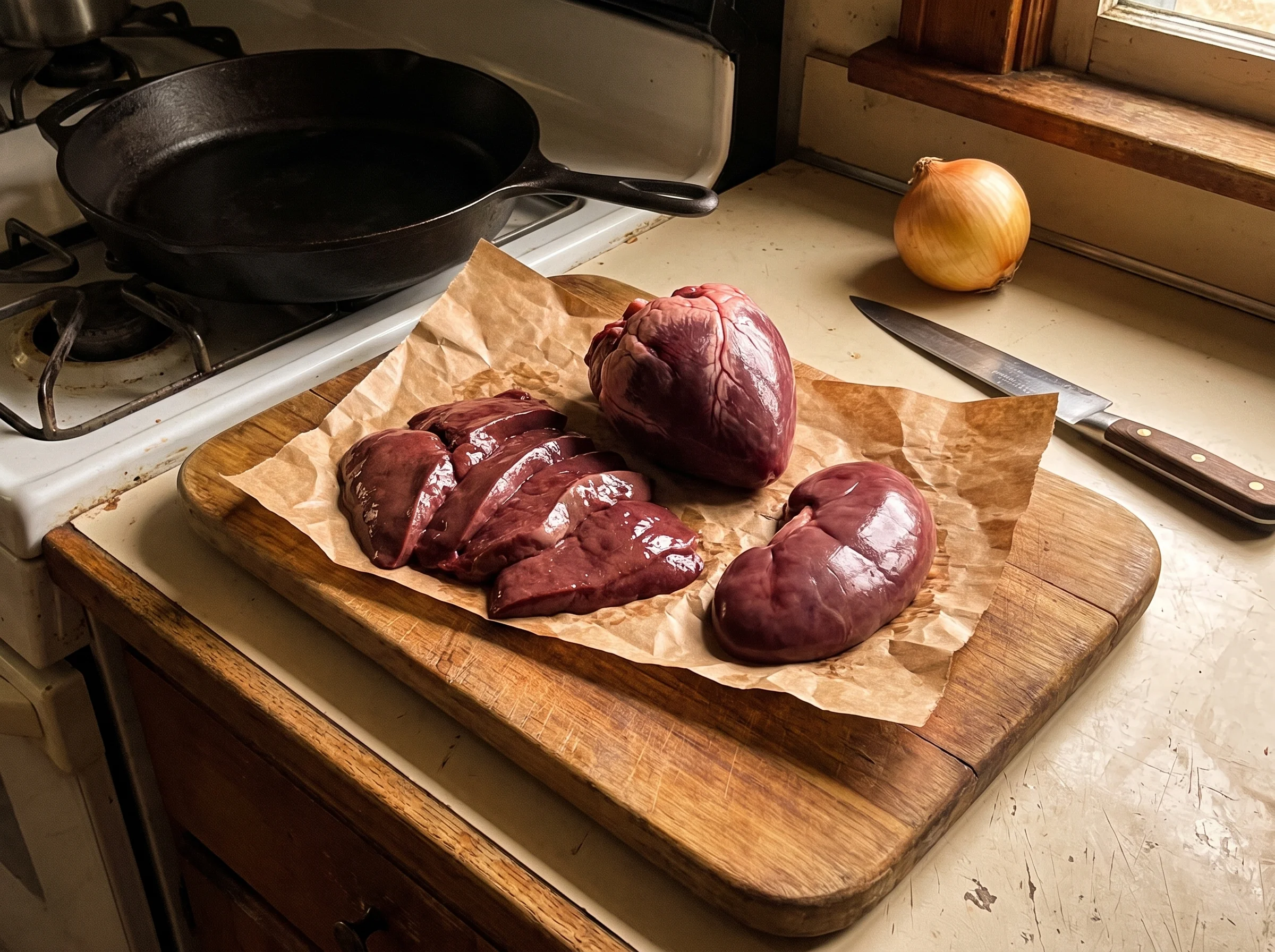 A rustic kitchen cutting board with raw beef liver, beef heart, and beef kidney arranged on butcher paper. Cast iron skillet 