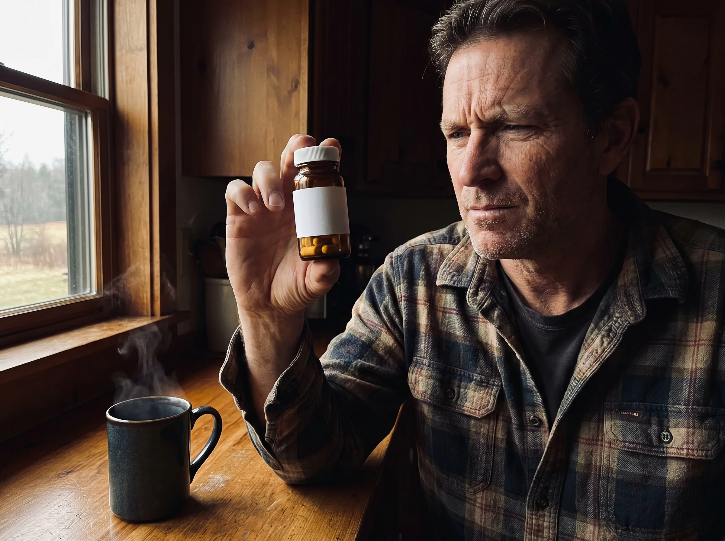 A man in his early 50s in his kitchen at dawn, looking at a plain unbranded pill bottle in his hand with a skeptical expressi