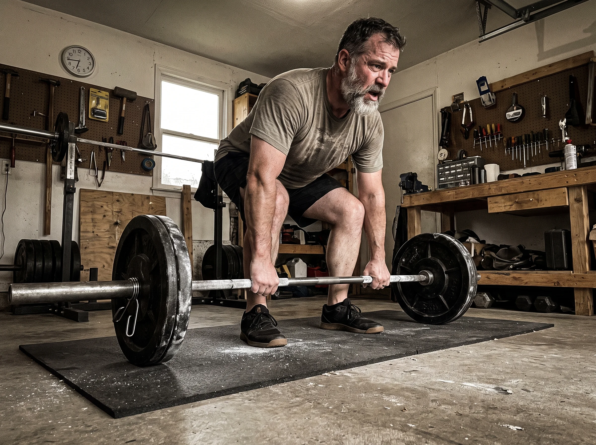 A man in his early 50s finishing a heavy deadlift in a spare, home garage gym. Sweat on his forehead, a chalked barbell settl