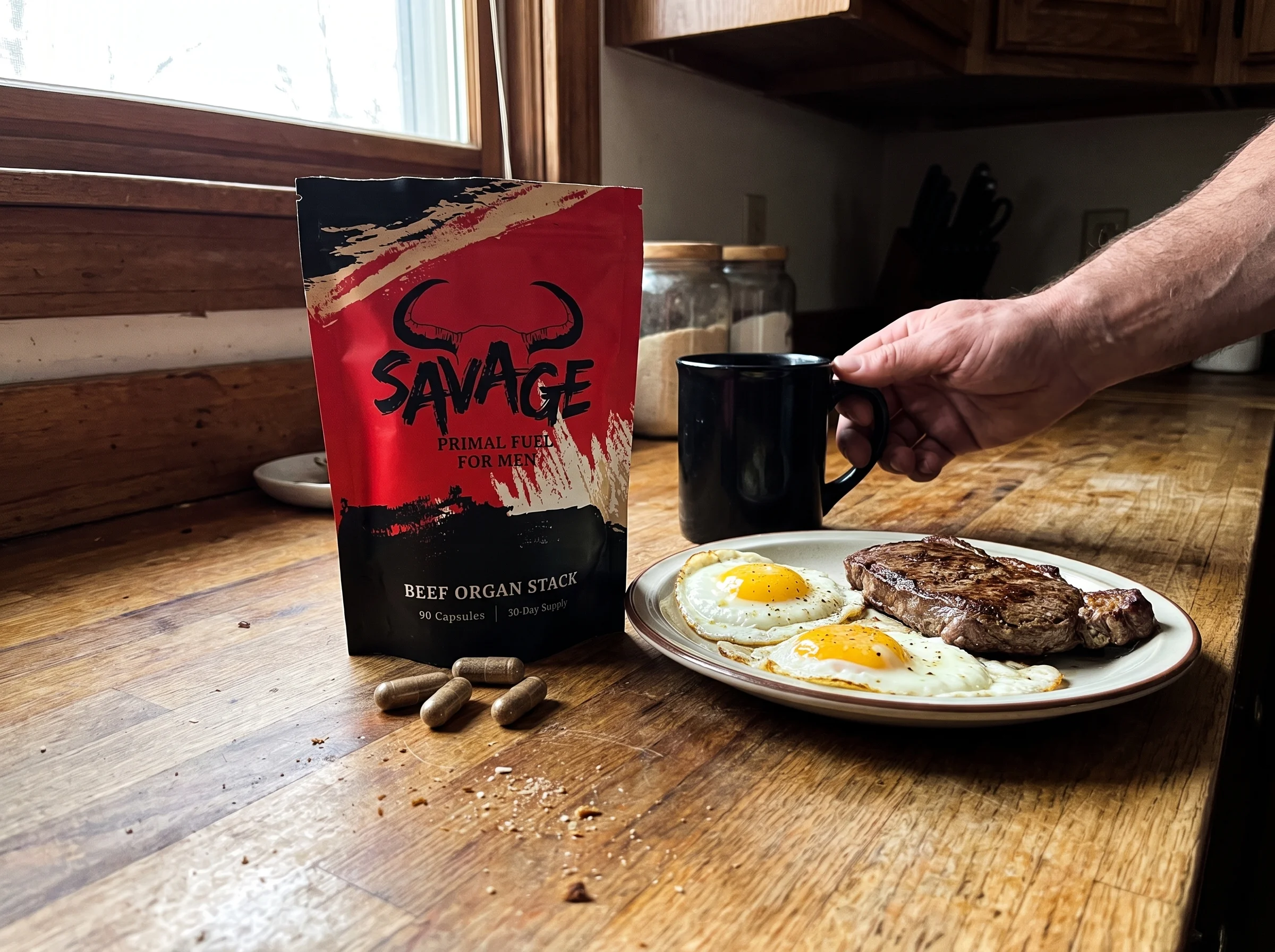The Savage Beef Organ Stack pouch (a red and black stand-up pouch with a bull-horn logo and the words BEEF ORGAN STACK) sitti