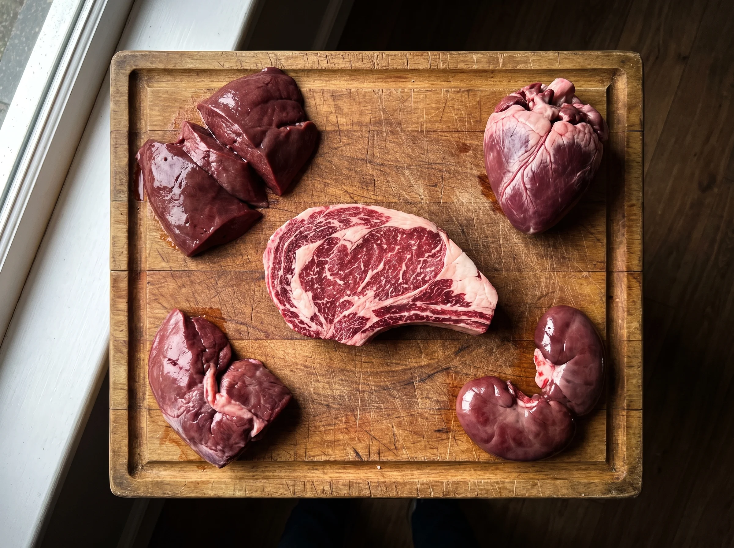 An overhead shot of a butcher's block with a raw ribeye steak in the center and cuts of beef liver, heart, and kidney arrange