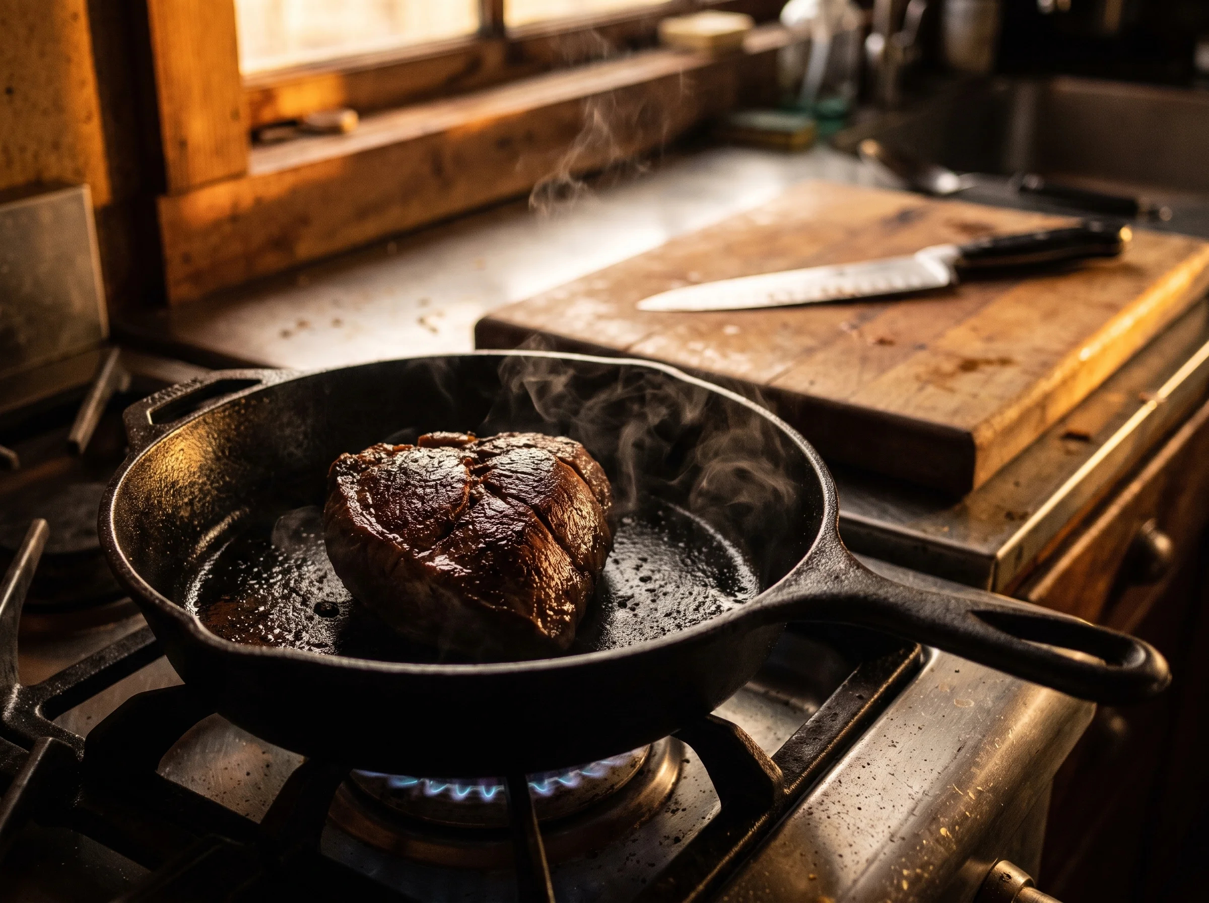 A cast iron pan on a gas stove holding a seared piece of beef heart, close crop, steam rising. Rustic kitchen, warm evening l
