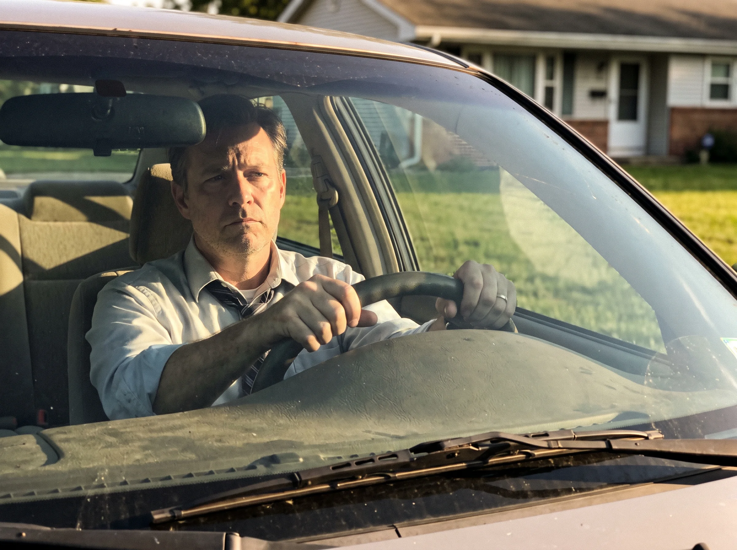 A man in his early 50s sitting alone in his parked car in the driveway after work, hands still on the wheel, staring straight