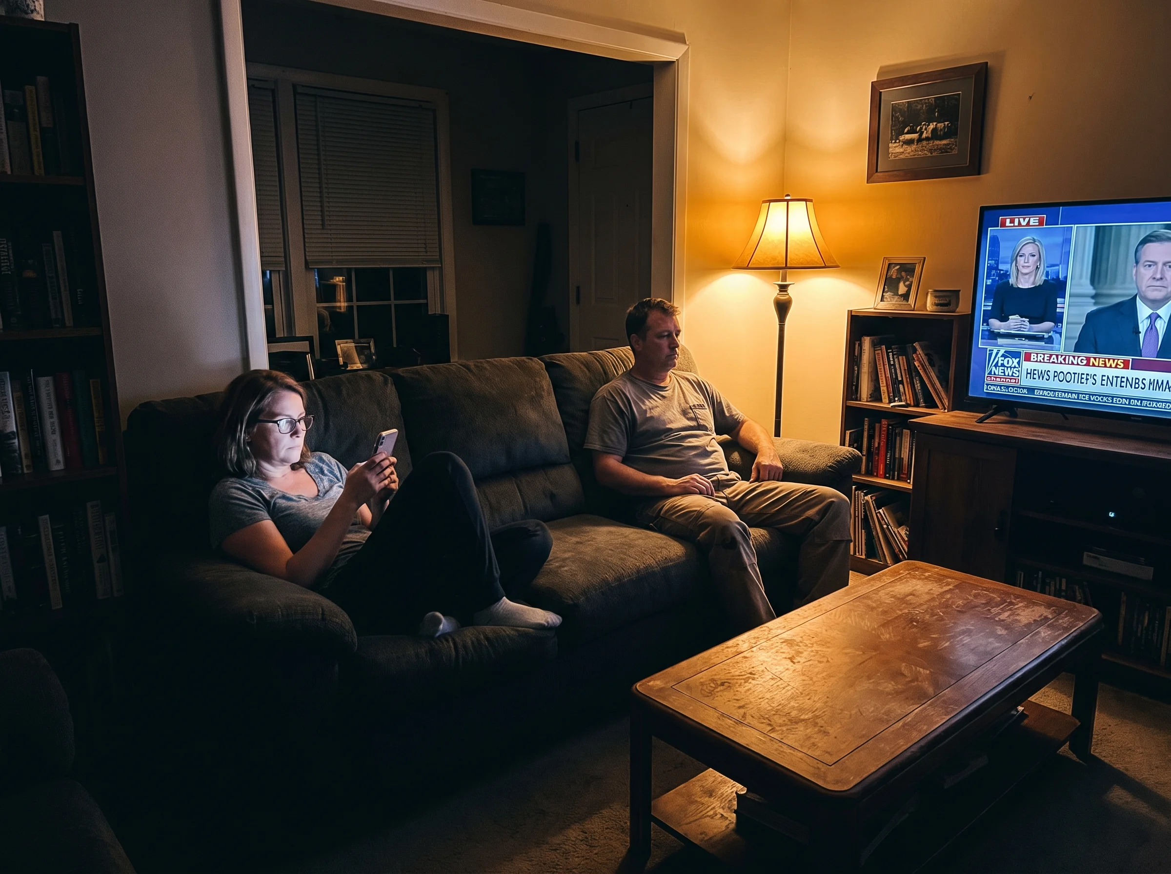 A woman in her late 40s sitting on the couch scrolling her phone while her husband sits two cushions away staring at the mute