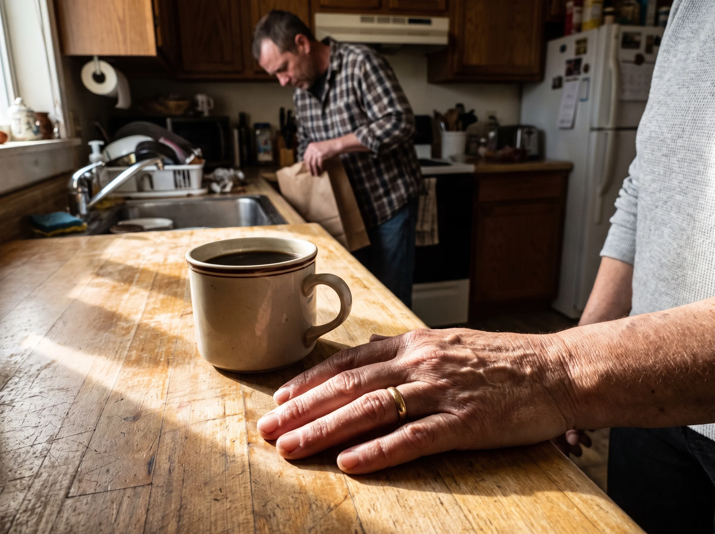 A close-up of a woman's hand resting on a kitchen counter next to an untouched cup of coffee, her wedding ring catching the m