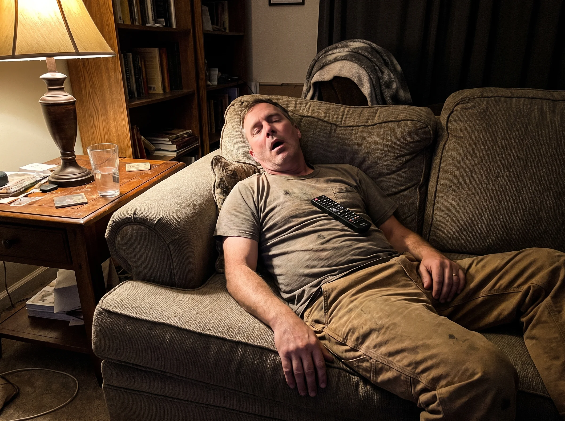 A man in his early 50s slumped on the couch with the TV remote resting on his chest, mouth slightly open, asleep at 8:45 pm w