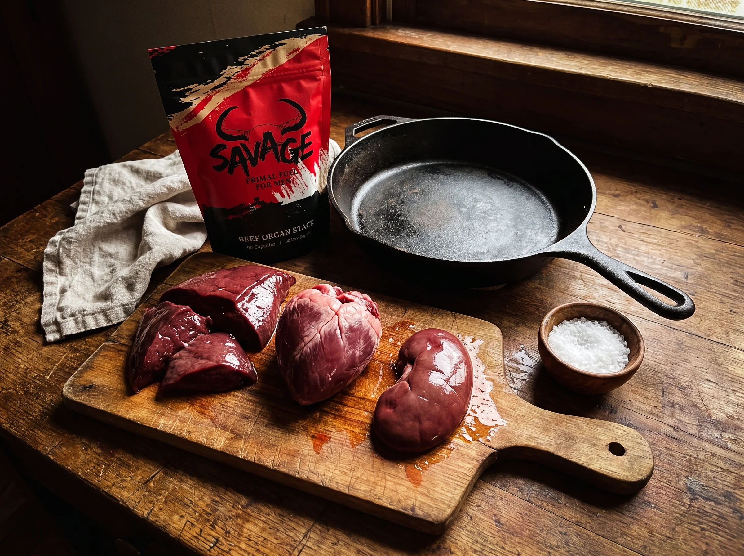 A rustic wooden cutting board with raw grass-fed beef liver, heart, and kidney arranged next to a cast iron skillet, kitchen 