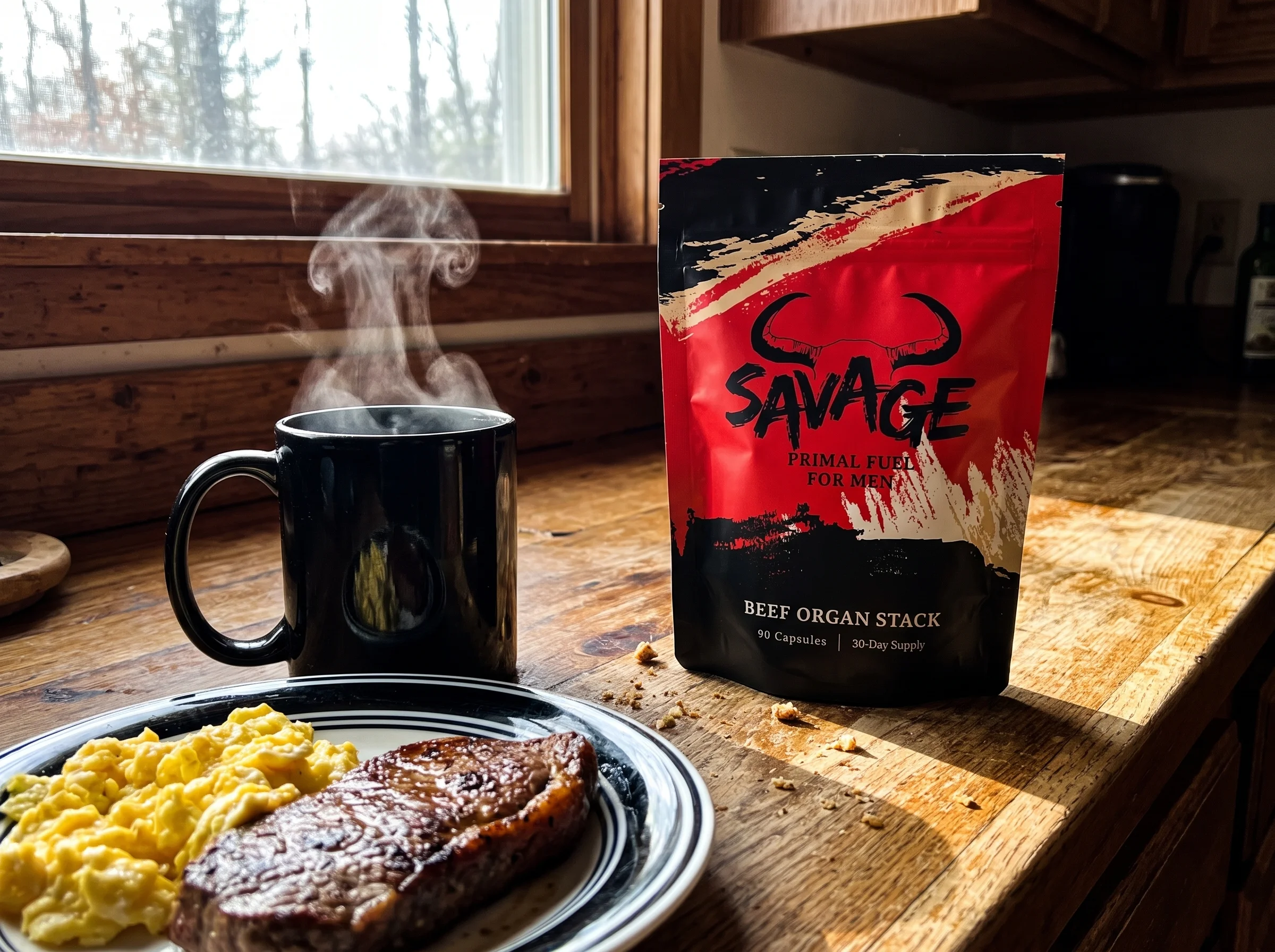 The Savage Beef Organ Stack pouch, a red and black stand-up pouch with a bull-horn logo, sitting on a wooden kitchen counter 