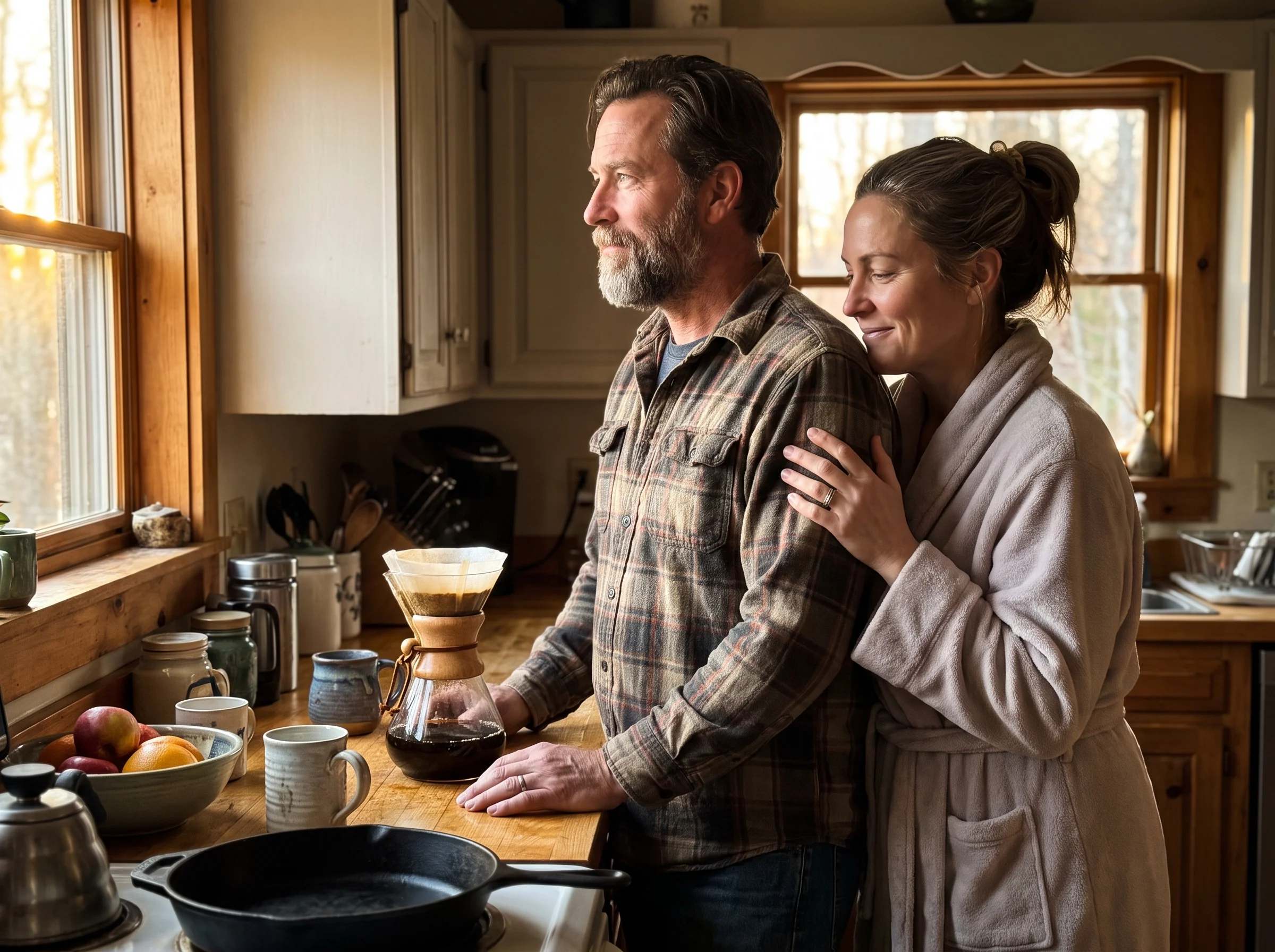 A man in his early 50s standing in his kitchen making coffee at sunrise, his wife walking up behind him and resting a hand on