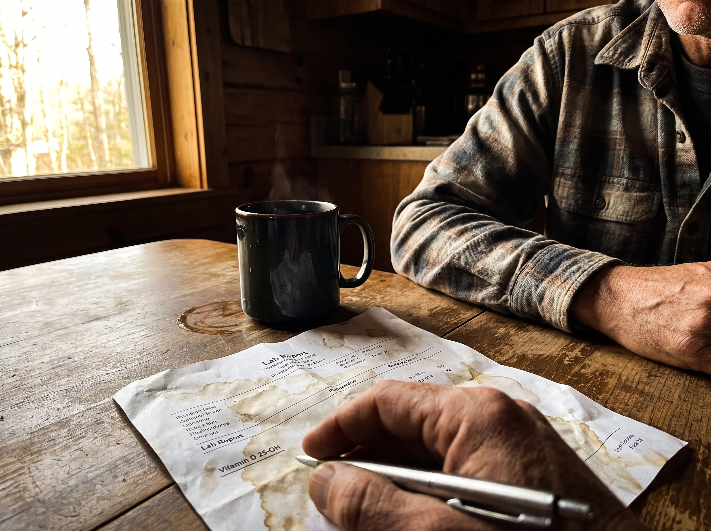 Close-up of a lab report on a kitchen table with a coffee mug sweating onto the paper, "Vitamin D 25-OH" line highlighted wit