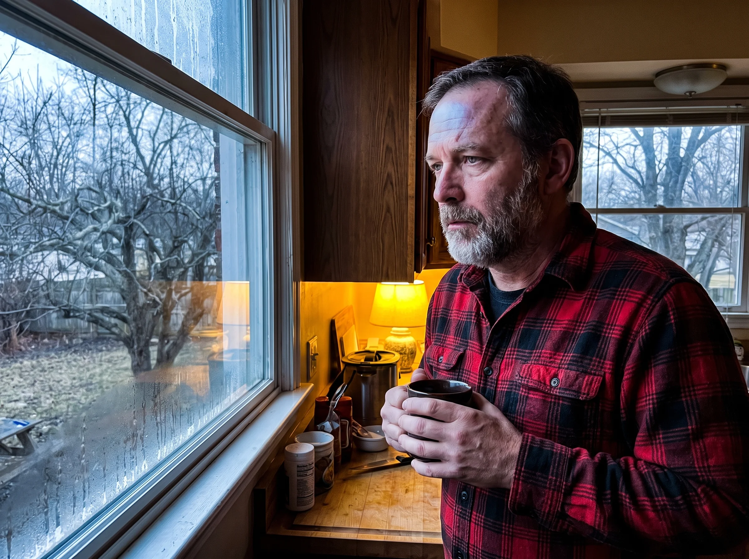 A middle-aged man in a flannel shirt standing at a foggy kitchen window in winter, holding a coffee mug, looking out at a gra