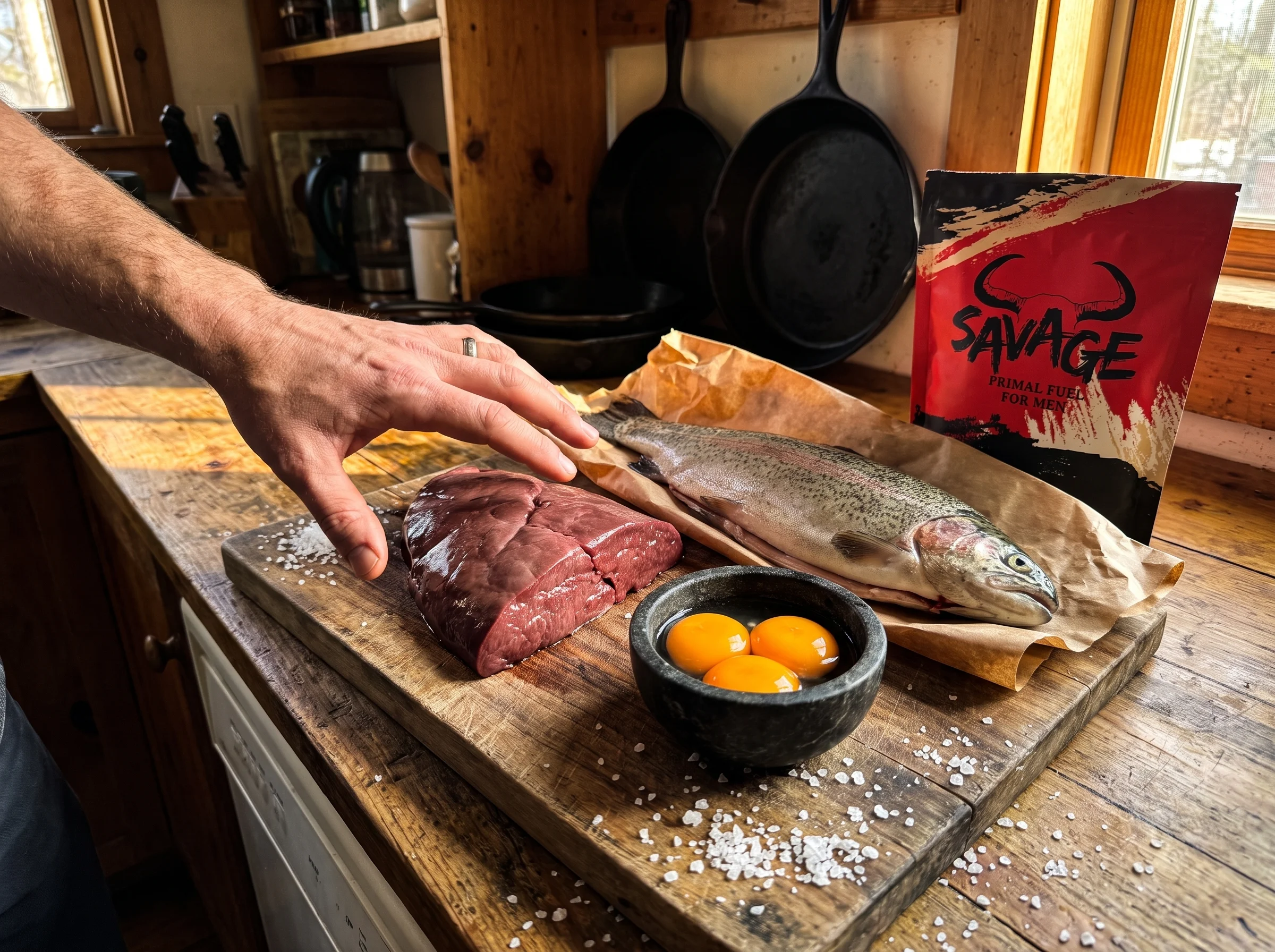 A weathered wooden cutting board with raw beef liver, a few egg yolks in a small stone bowl, a whole trout on butcher paper, 
