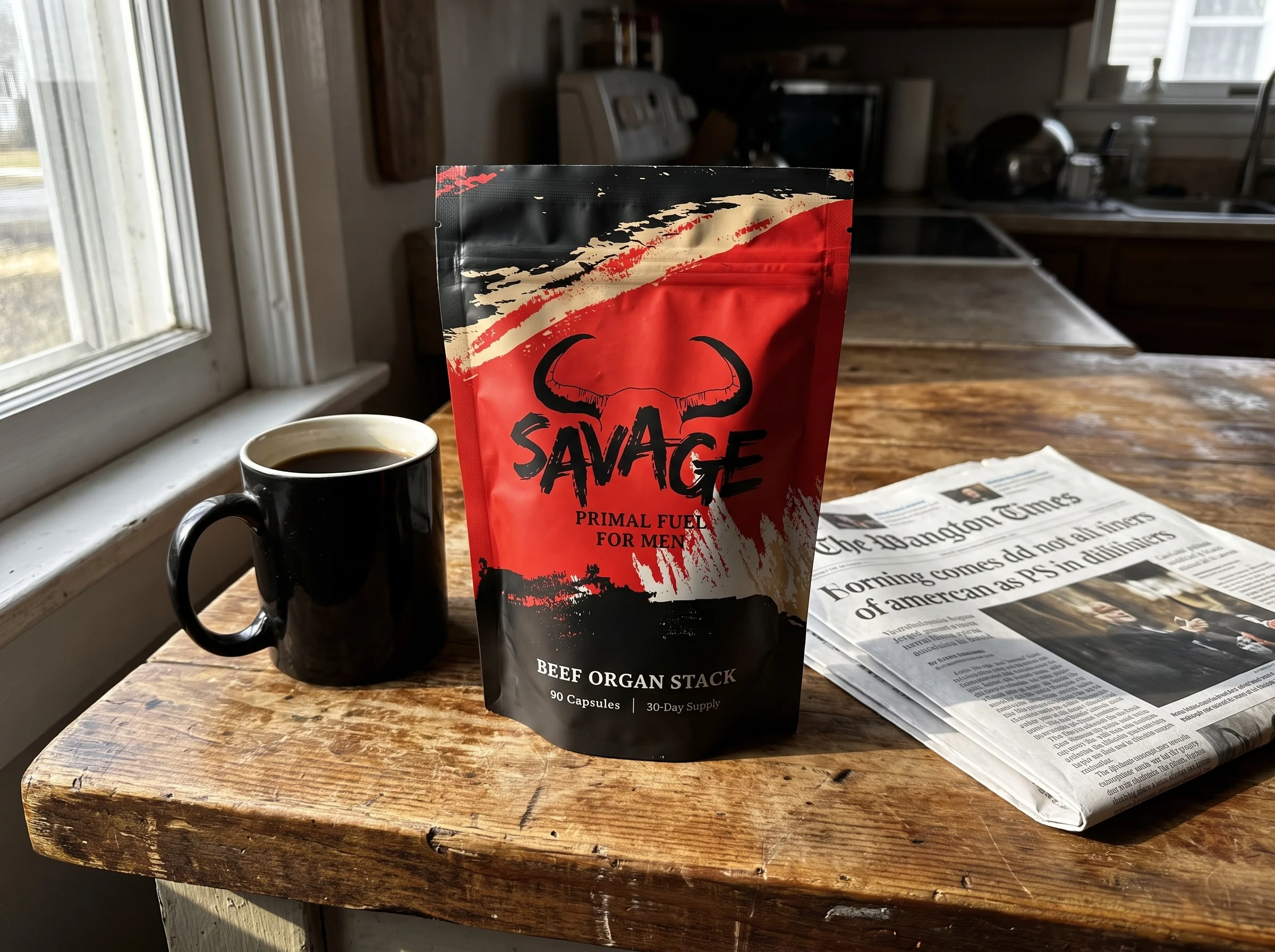 The Savage Beef Organ Stack pouch, a red and black stand-up pouch with a bull-horn logo and the words BEEF ORGAN STACK, sitti