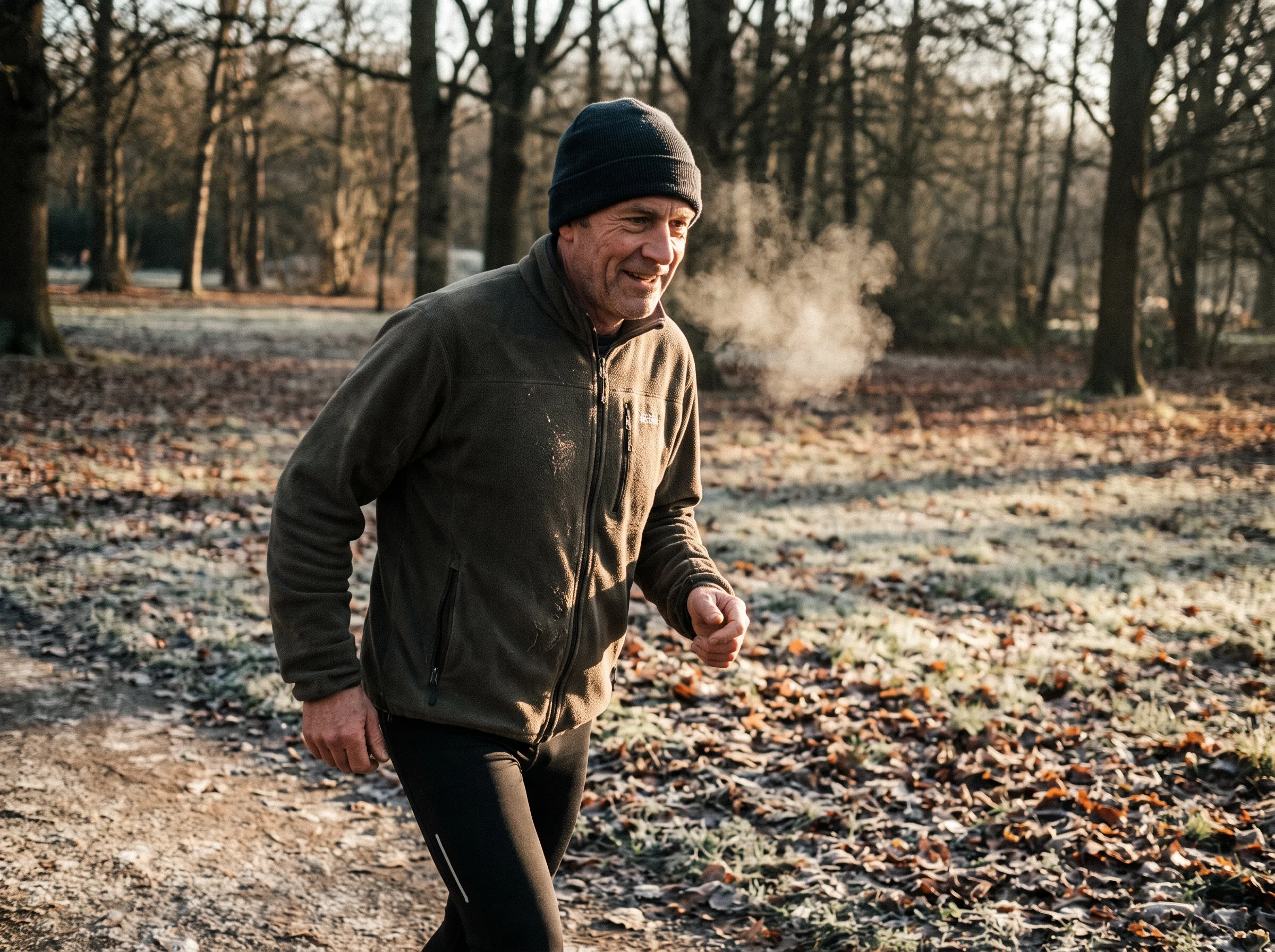 A man in his early 50s in workout clothes walking outside on a bright cold morning, sun on his face, breath visible in the co