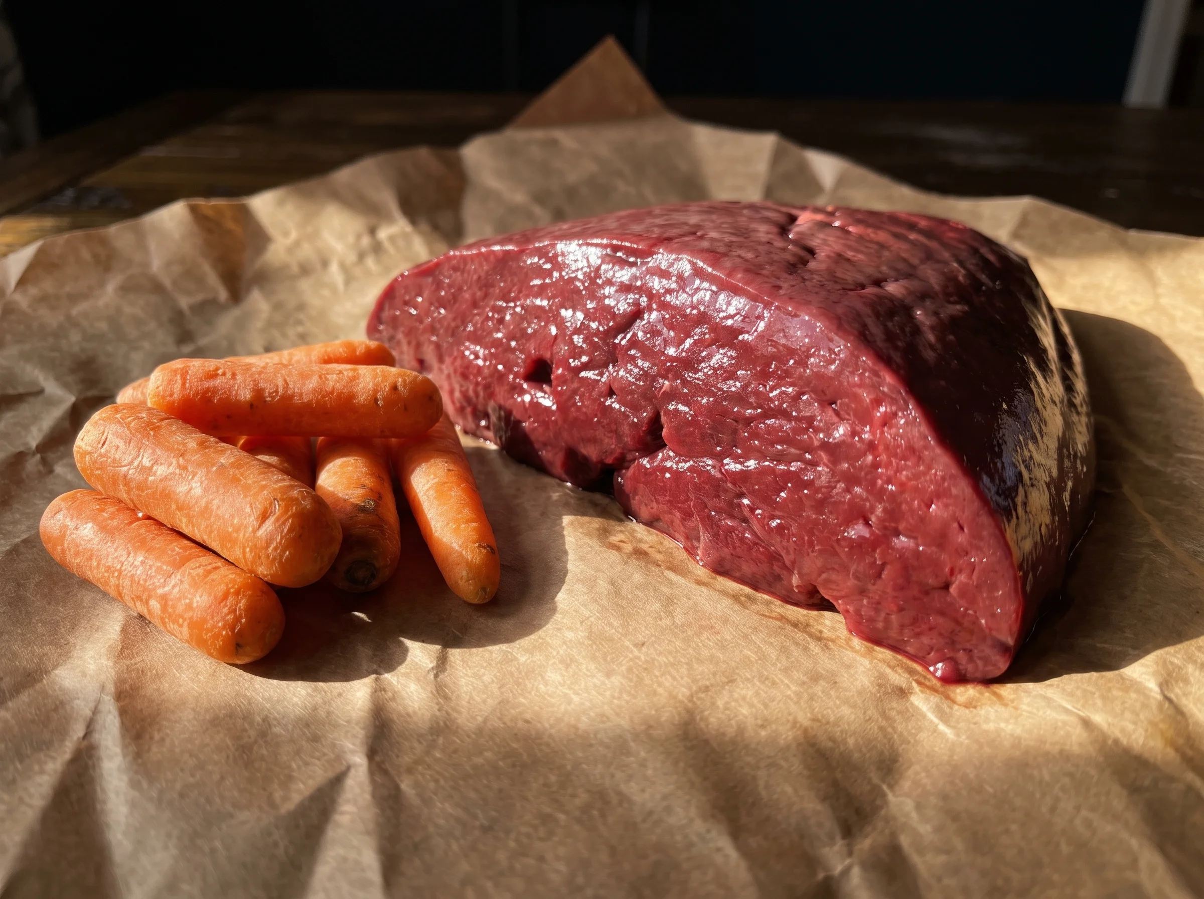 A close-up of a fresh slice of raw grass-fed beef liver on butcher paper next to a small pile of raw baby carrots, dramatic s