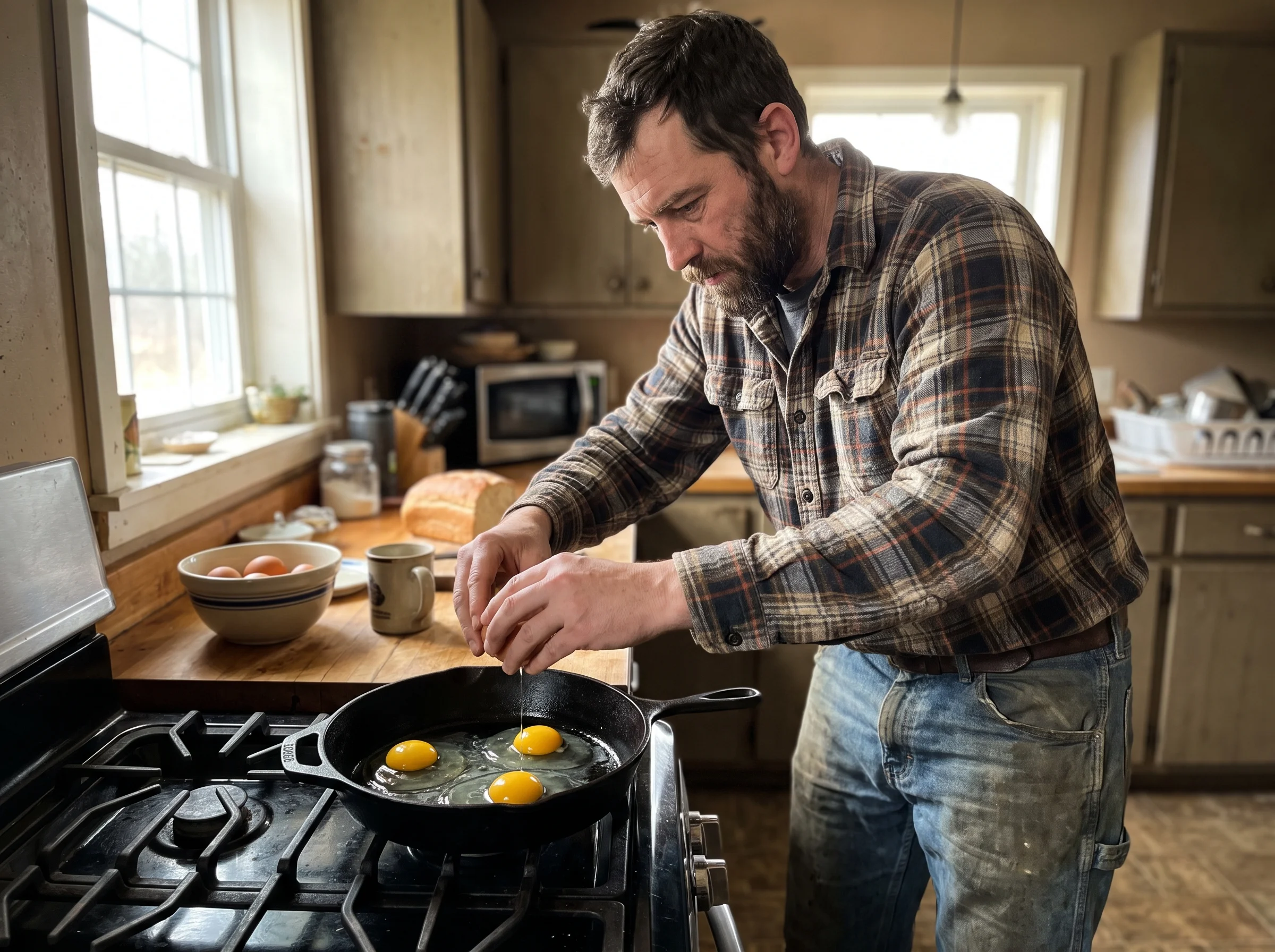 A middle-aged man in a flannel shirt at his kitchen counter, cracking eggs into a cast iron skillet, keeping the yolks intact