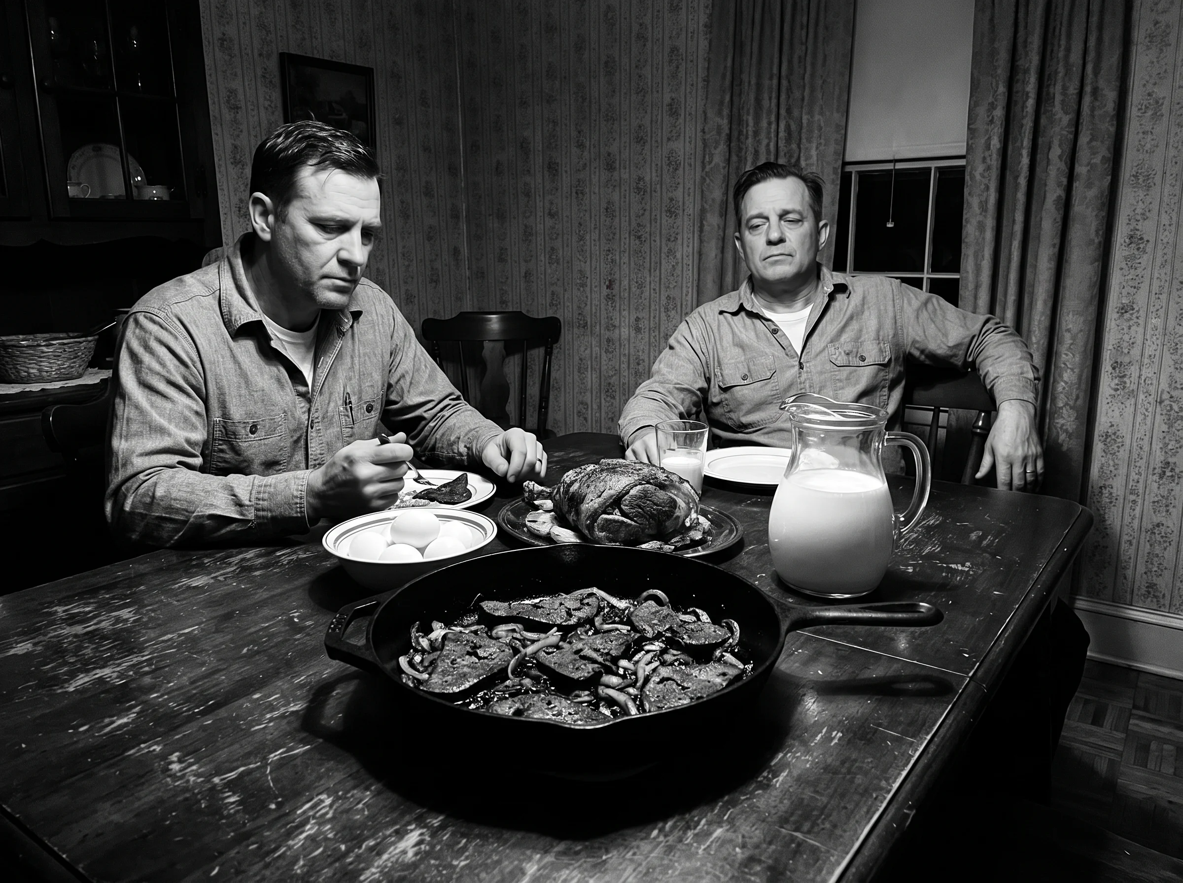 A black-and-white style photo of a 1950s style Sunday dinner spread on a family table: cast iron skillet of liver and onions,