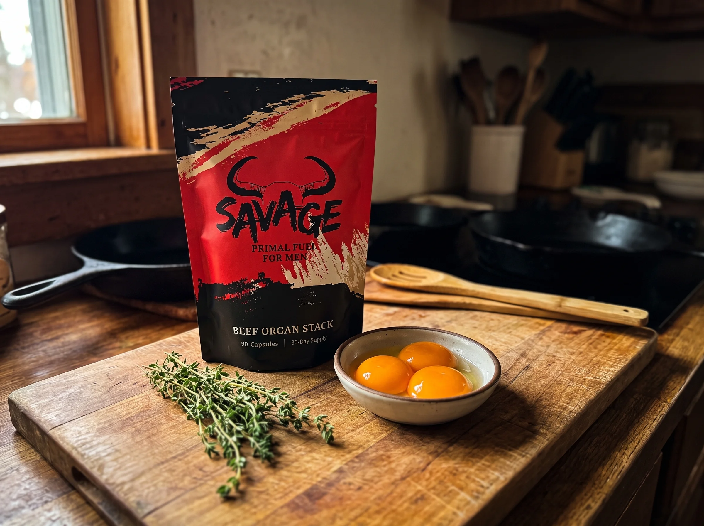 The Savage Beef Organ Stack pouch, a red and black stand-up pouch with a bull-horn logo and the words BEEF ORGAN STACK, sitti