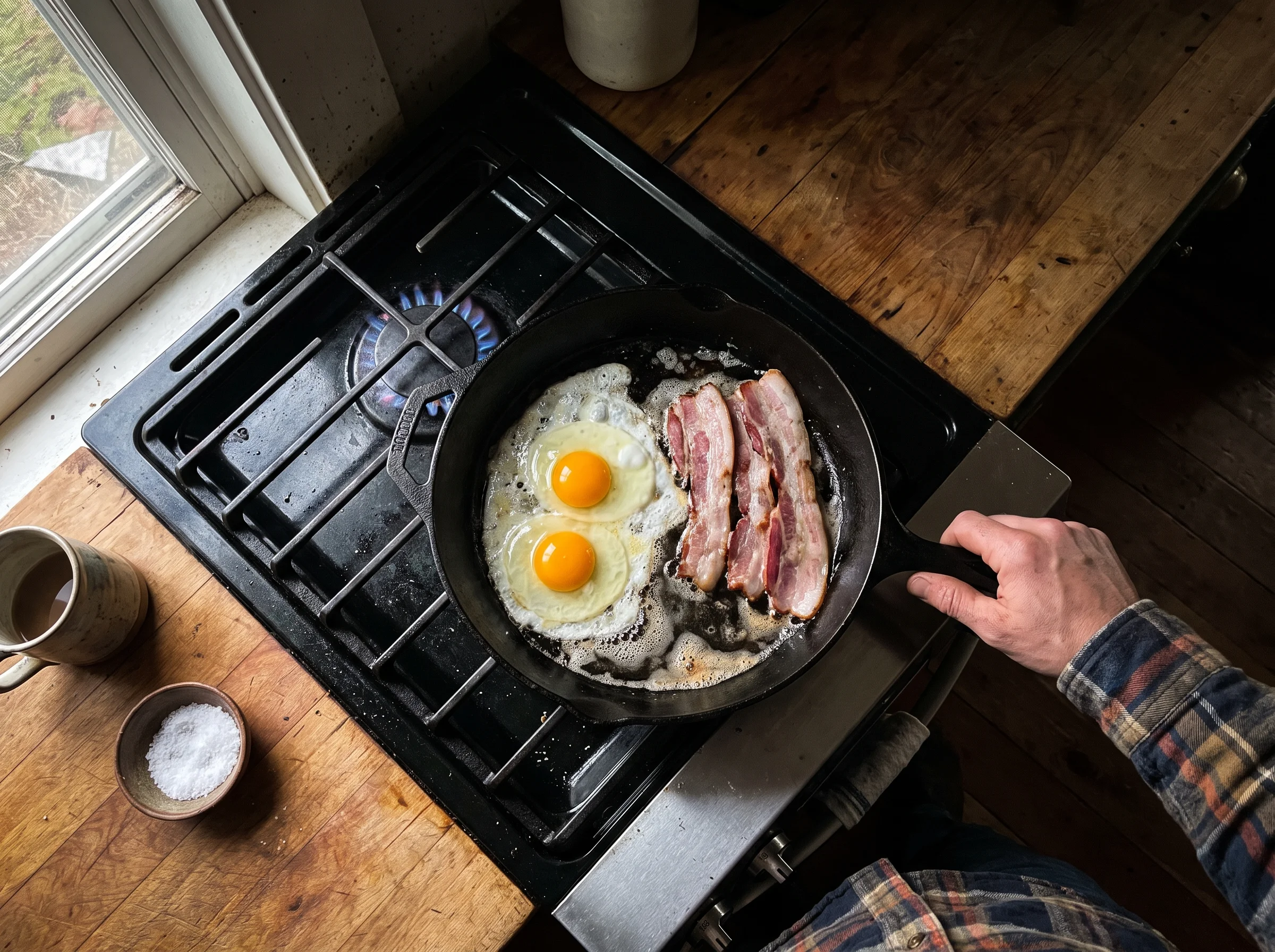 A cast iron skillet on a gas stove with pastured eggs frying in butter next to thick-cut bacon. Overhead angle, natural morni
