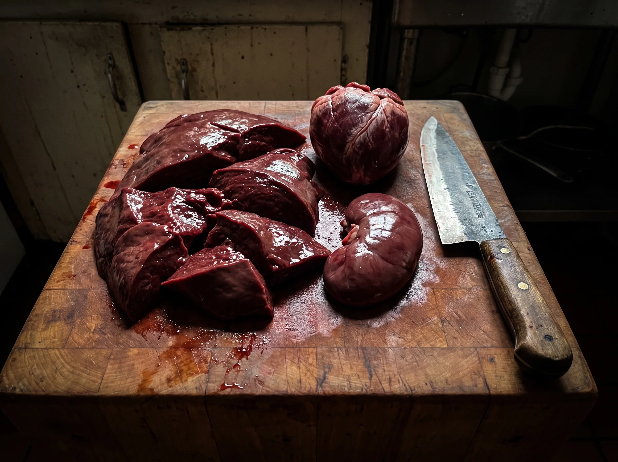 Raw grass-fed beef liver, heart, and kidney arranged on a rustic wooden butcher block with a hand-forged knife. Deep red tone